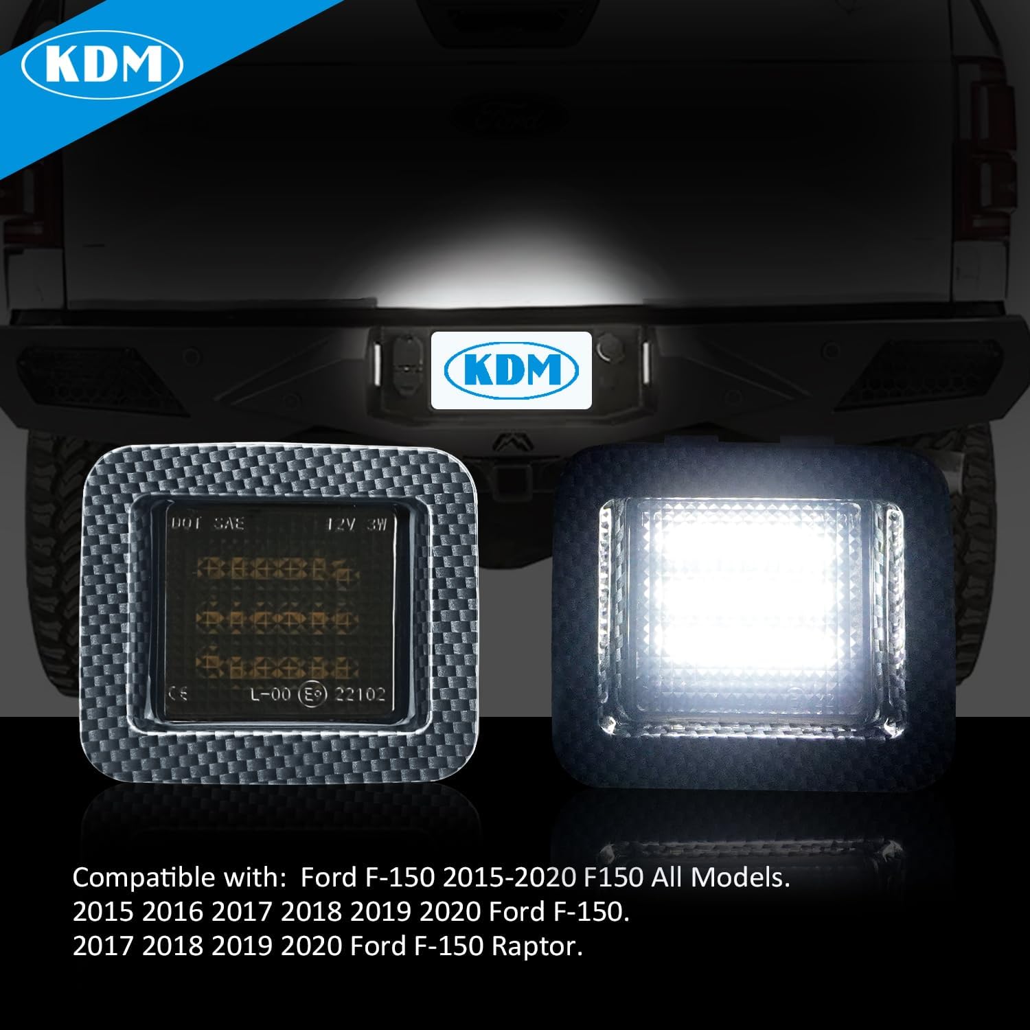 KDM Luz de matrícula LED con patrón de fibra de carbono negra para Ford F150 Raptor 2015-2022, reemplazo de ensamblaje, lámpara trasera de camioneta