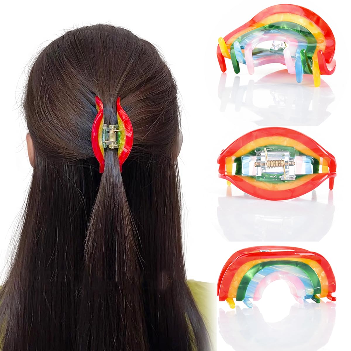2 pinzas de pelo arcoíris para cabello fino y grueso, pinzas antideslizantes para mandíbula, pinzas de acetato de moda y accesorios para mujeres y