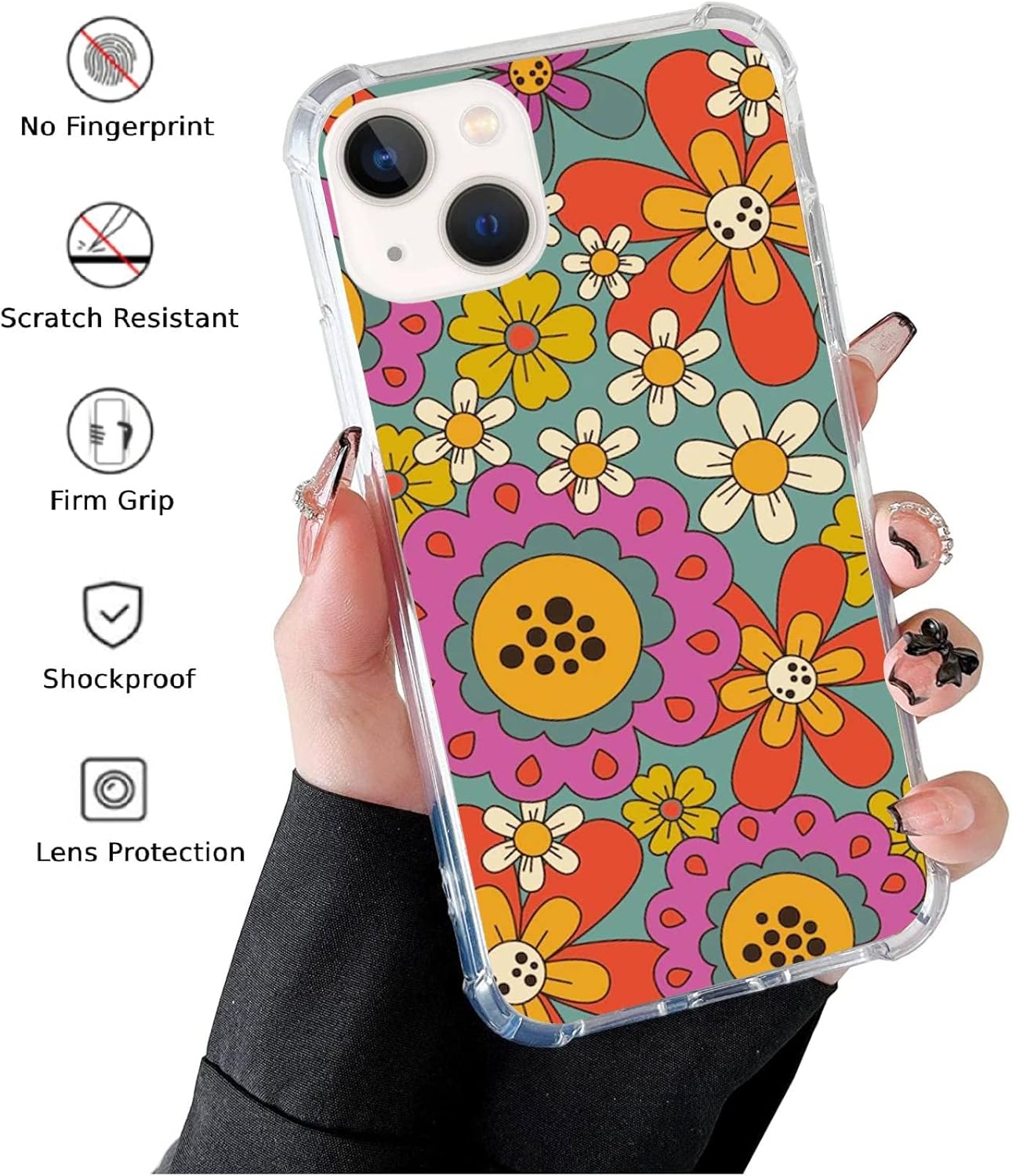 Wizeyake Hippie – Funda de teléfono con diseño floral colorido y colorido compatible con iPhone 14 Plus, funda floral retro para niñas y mujeres,