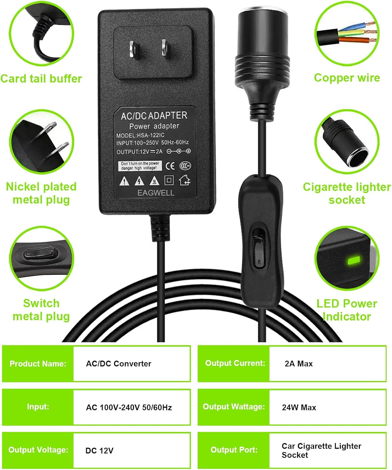 Adaptador de corriente para automóvil de 12 V con interruptor de encendidoapagado hembra para encendedor de cigarrillos, CA 100-240V a CC 12V