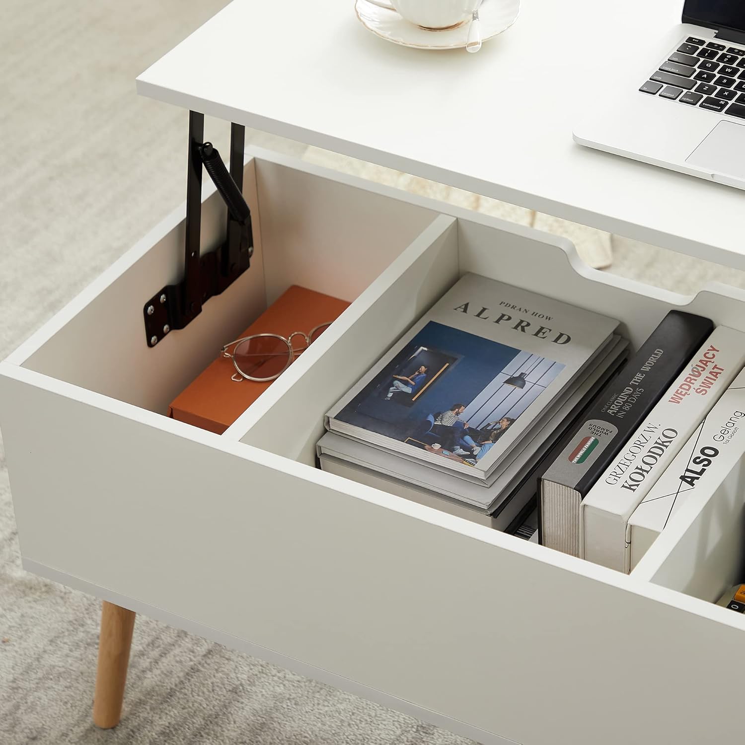 RuiSiSi Mesa auxiliar blanca con gran espacio de almacenamiento, moderna mesa auxiliar con compartimento oculto y estante ajustable, mesa auxiliar