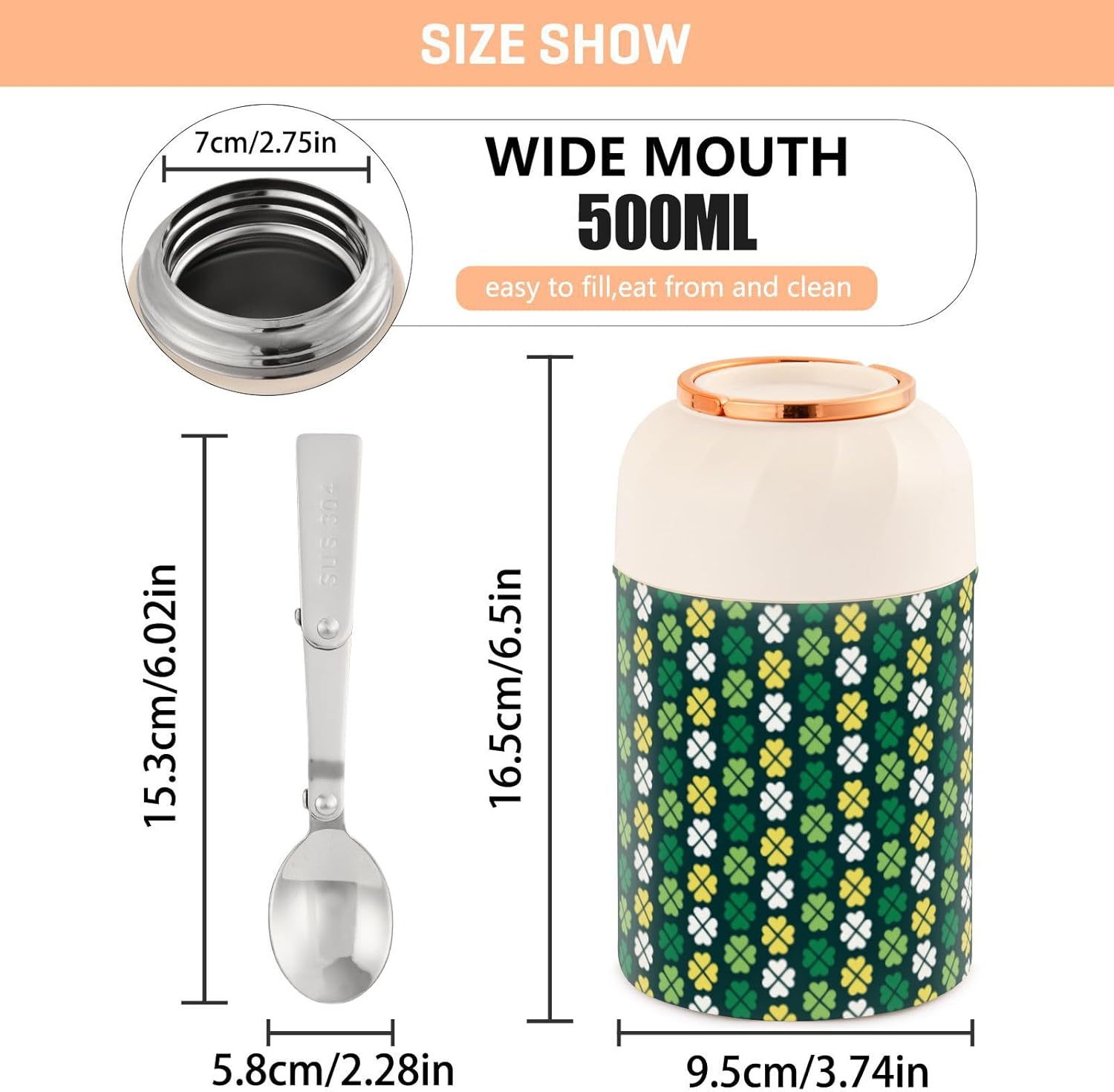Cute Lucky Saint St Patrick Day – Recipiente aislado para alimentos con cuchara de 17 oz16.9 fl oz, recipientes de acero inoxidable a prueba de