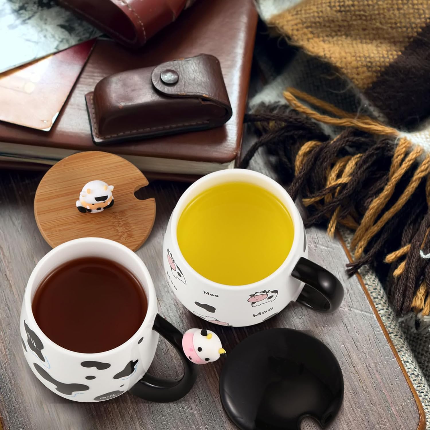 2 tazas de café de vaca navideña, tazas de café de vaca de cerámica con cuchara y tapa, tazas de vaca, divertidas tazas de animales en 3D, regalos