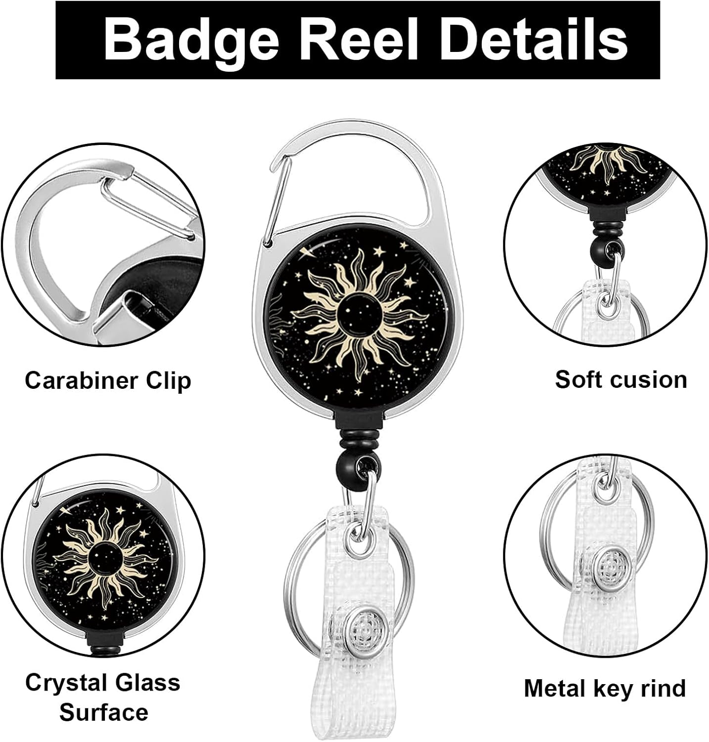 HAKUNEI Soporte para tarjeta de identificación con cordón y clip retráctil para carrete de insignia, luna, sol, tarjeta astrológica, etiqueta de