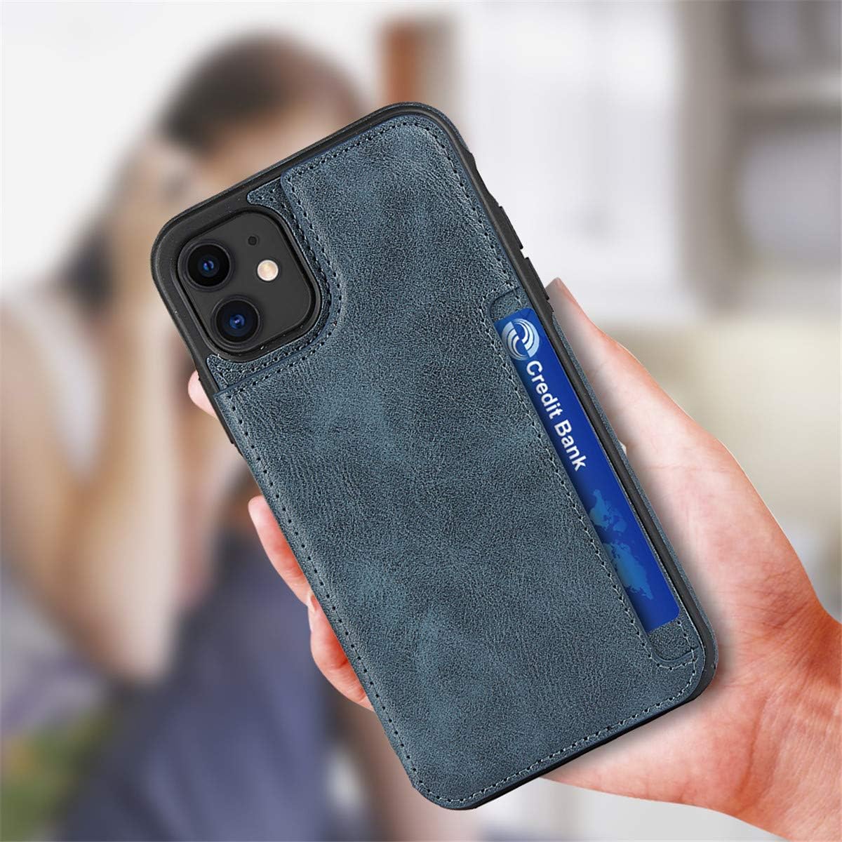Zouzt Funda para iPhone 11 tipo cartera con tarjetero y correa de mano de piel sintética de alta calidad, soporte de cuero sintético, doble cierre