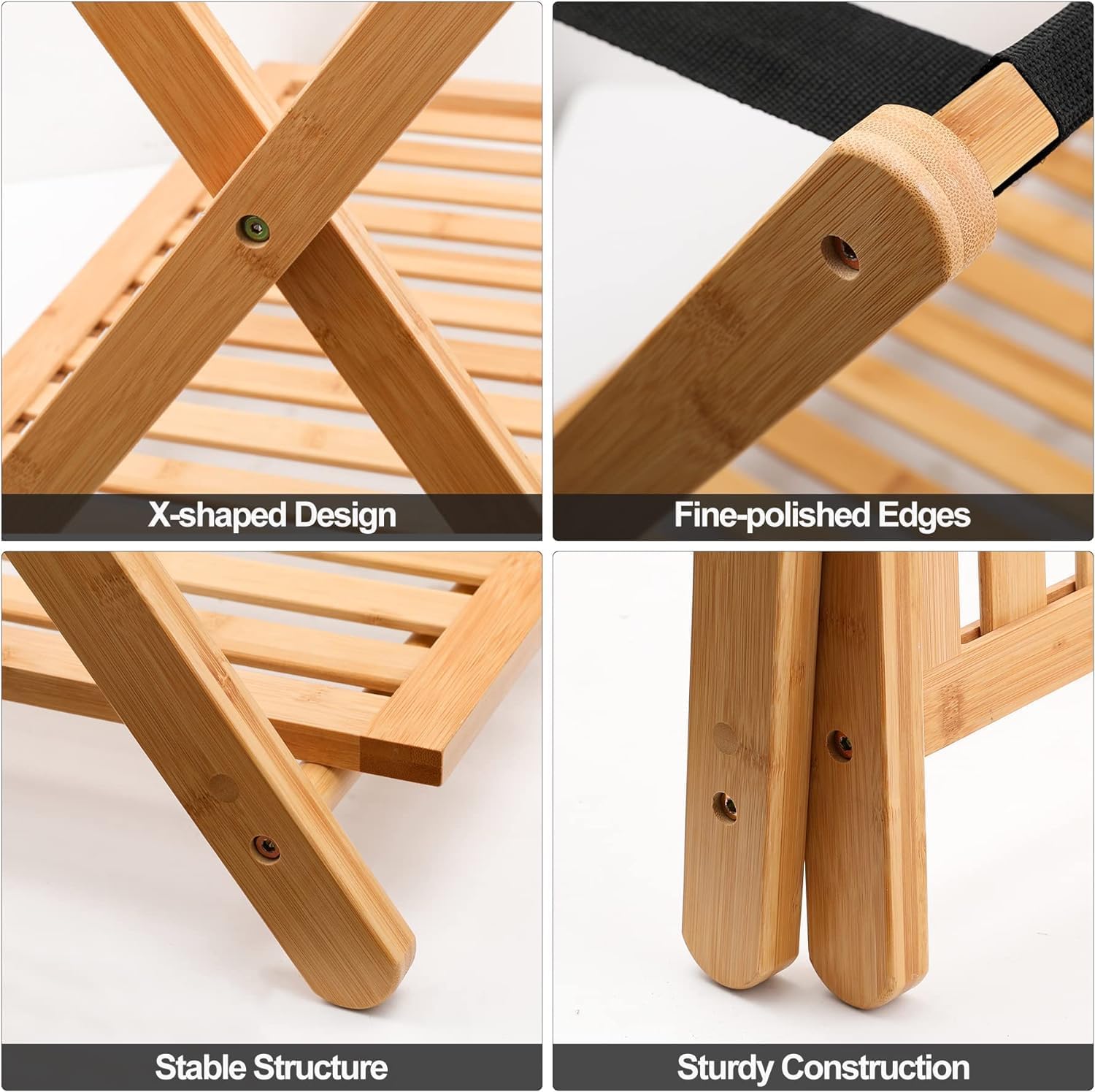Purbambo Juego de 2 portaequipajes para habitación de invitados, soporte para maleta con estante de almacenamiento, marco de bambú, 6 correas de