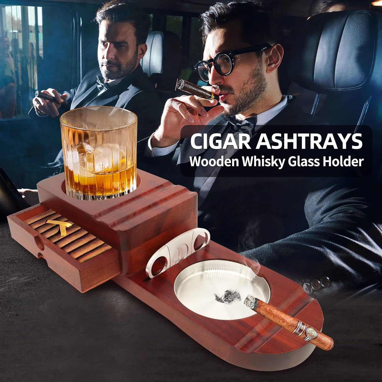 Cenicero de cigarros, bandeja de vidrio para whisky y bandeja de ceniza de madera con cortador de puros, incluye cajón y ranura para sostener puros,