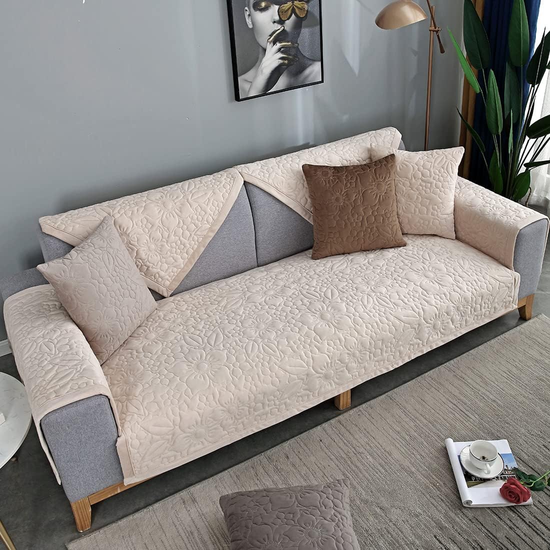 vctops Funda de sofá de felpa súper suave con bordado floral para sofá modular, funda antideslizante para sofá, cómodo y cálido, protector de
