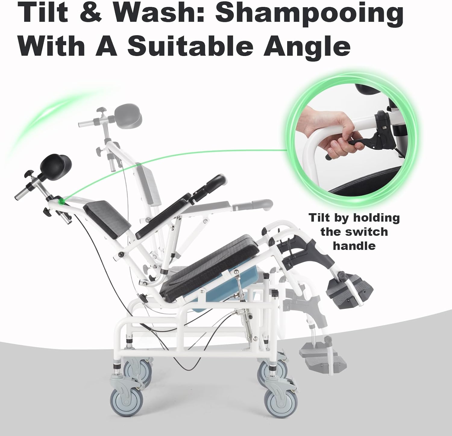Silla de cama 4 en 1, silla de ruedas inclinable para ducha de 30, silla de champú con reposacabezas y cubo, silla con ruedas de transporte