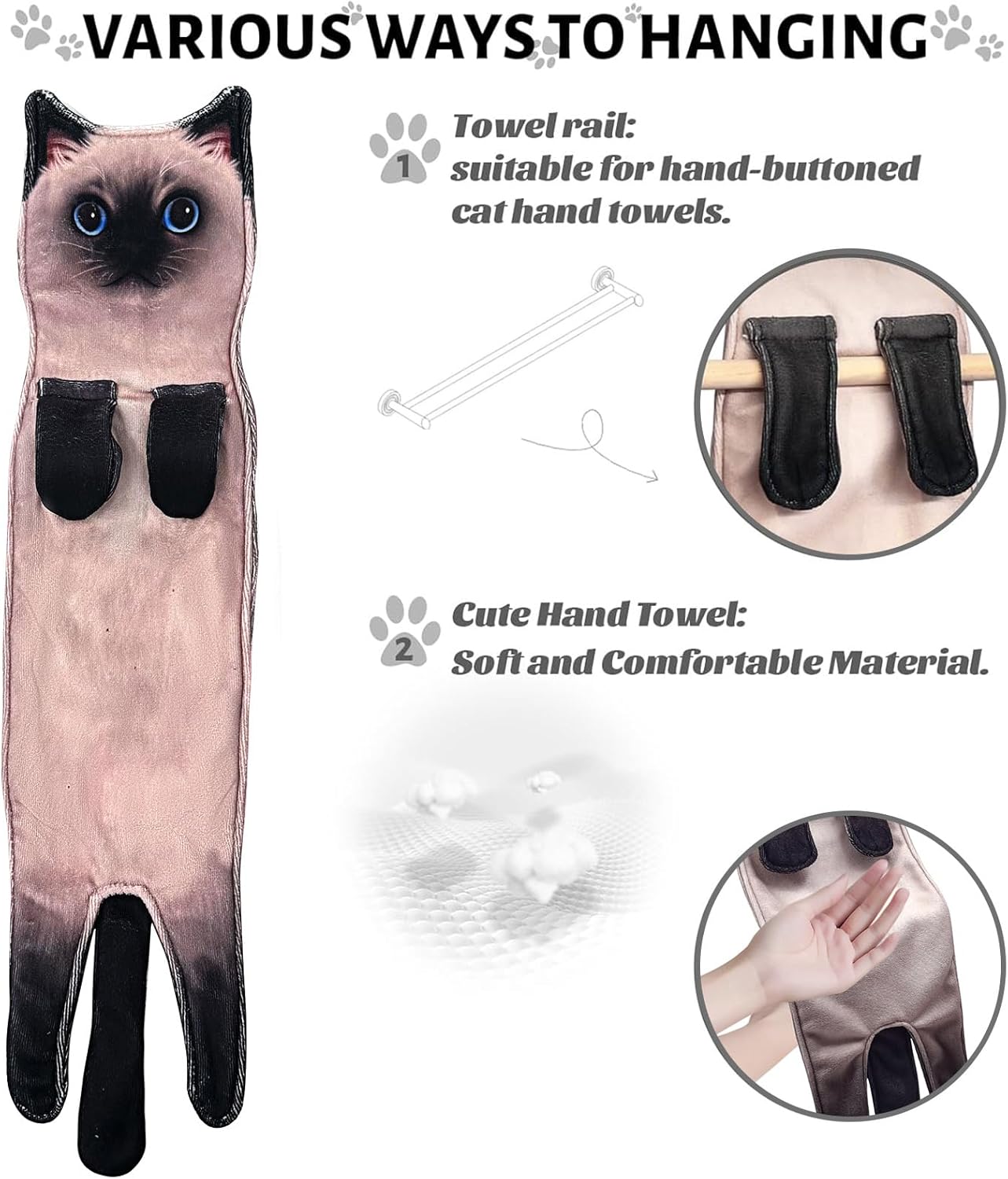 PAT JUUMG Divertidas toallas de mano de gato para baño, cocina, toalla de gato, bonitas toallas decorativas para colgar, súper absorbentes, suaves,