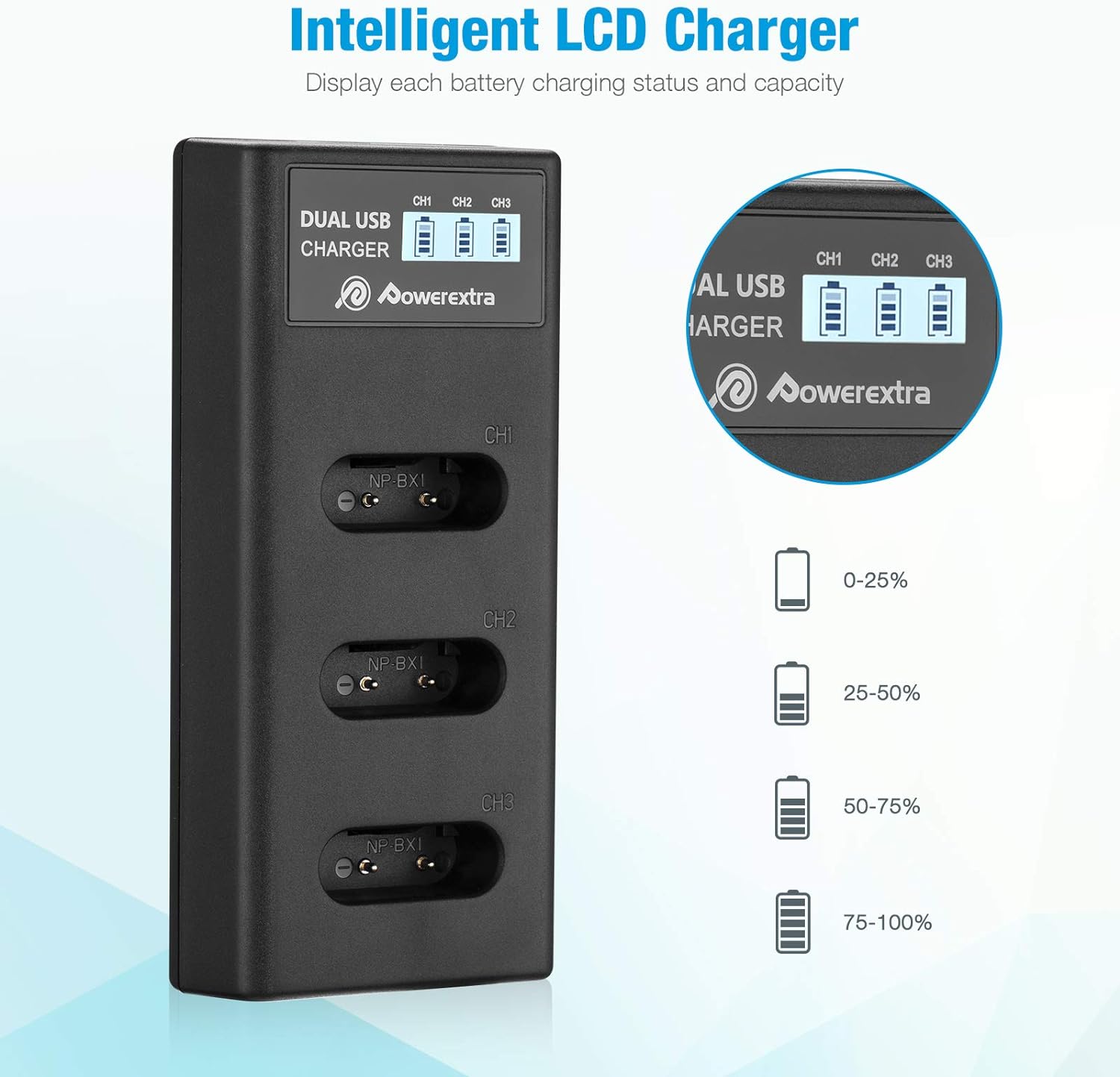 Powerextra Batería NP-BX1 3 y cargador USB de 3 canales para Sony NP-BX1 y Sony Cyber-Shot DSC-RX100, DSC-RX100 II, DSC-RX100M II, DSC-RX100 III,