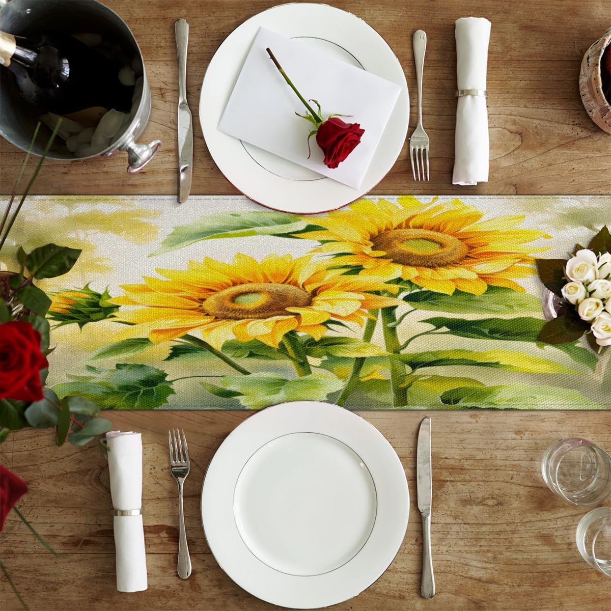 Table Runner Sunny Sunflower, Autumn Rustic Linen Table Cloth Kitchen Dining Table Decor for Home Party 13 x 72 Inches