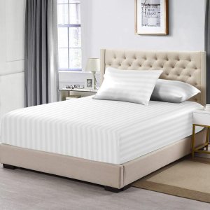 White Dobby Striped Cotton Full Size Fitted Sheet 1 Pc, Thread Count Long Staple 100% Cotton Damask Full Size Fitted Sheet Only of 15 Inch Deep White Dobby Striped Cotton Full Size Fitted Sheet 1 Pc, Thread Count Long Staple 100% Cotton Damask Full Size Fitted Sheet Only of 15 Inch Deep