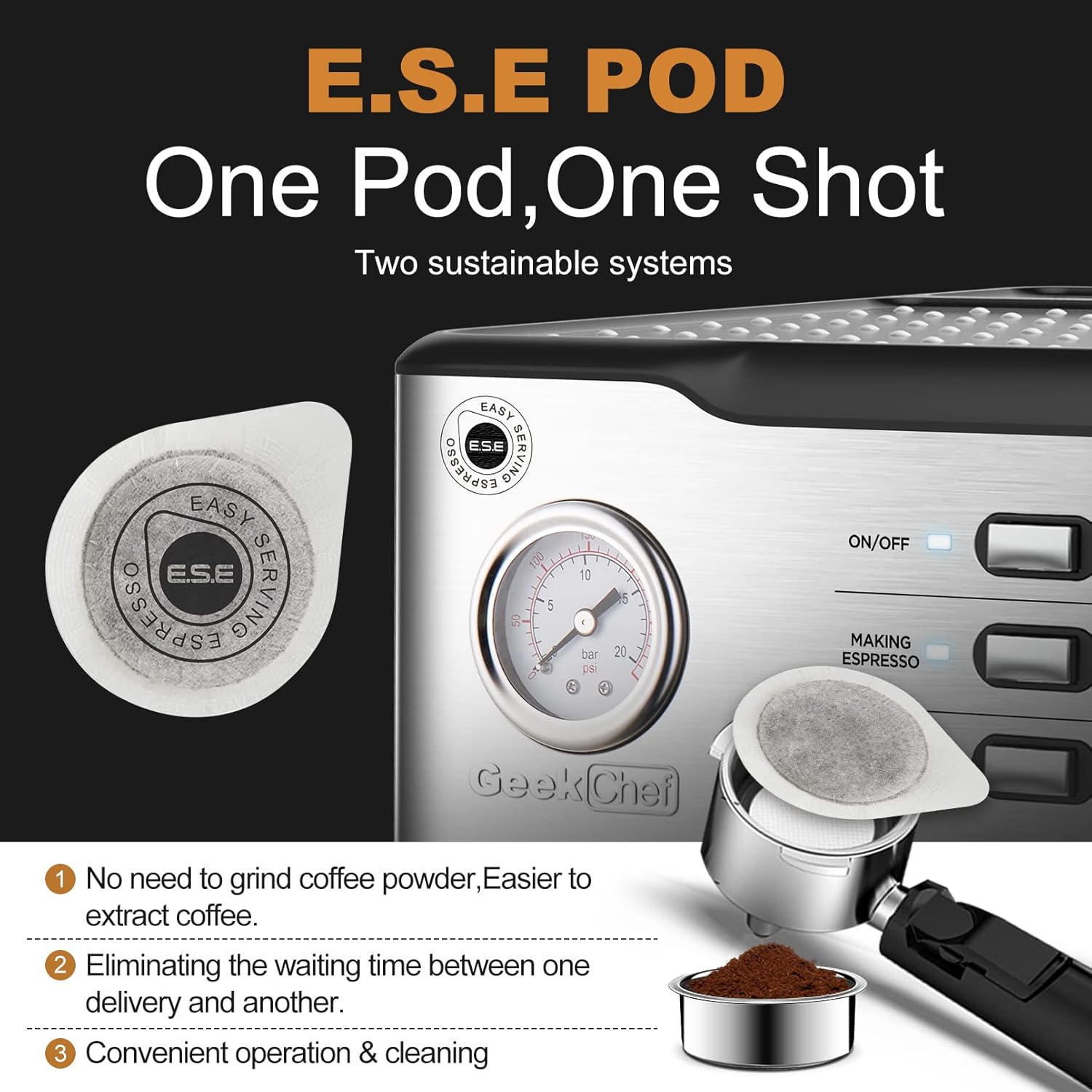 Geek Chef Máquina de café expreso con bomba de 20 bares, cafetera de capuchino con filtro ESE POD y manómetro, tanque de agua de 1.5 L, 950 W, color