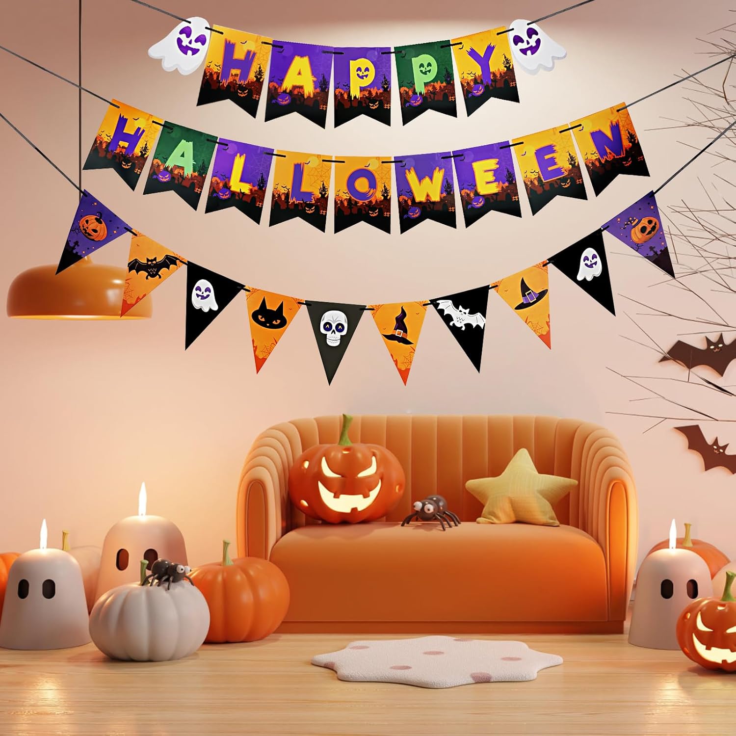 Happy HALLOWEEN – Pancarta de porche delantero, coloridos pancartas de cola de pez y triángulo de Halloween con calavera, murciélago y calabaza,