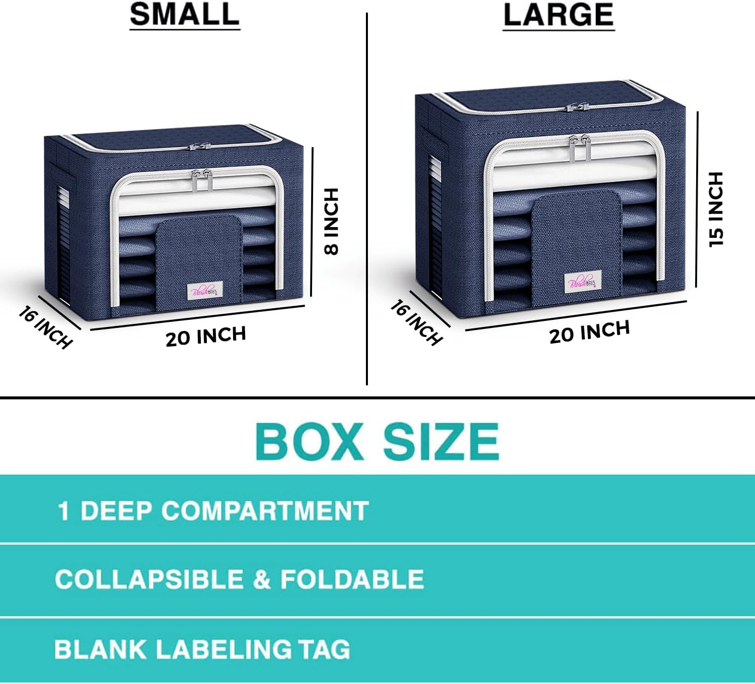 Blushbees Cajas de almacenamiento plegables de tela Oxford para ropa, colchas, lino con soportes de metal (paquete de 4 cajas, tamaño grande de 20 x
