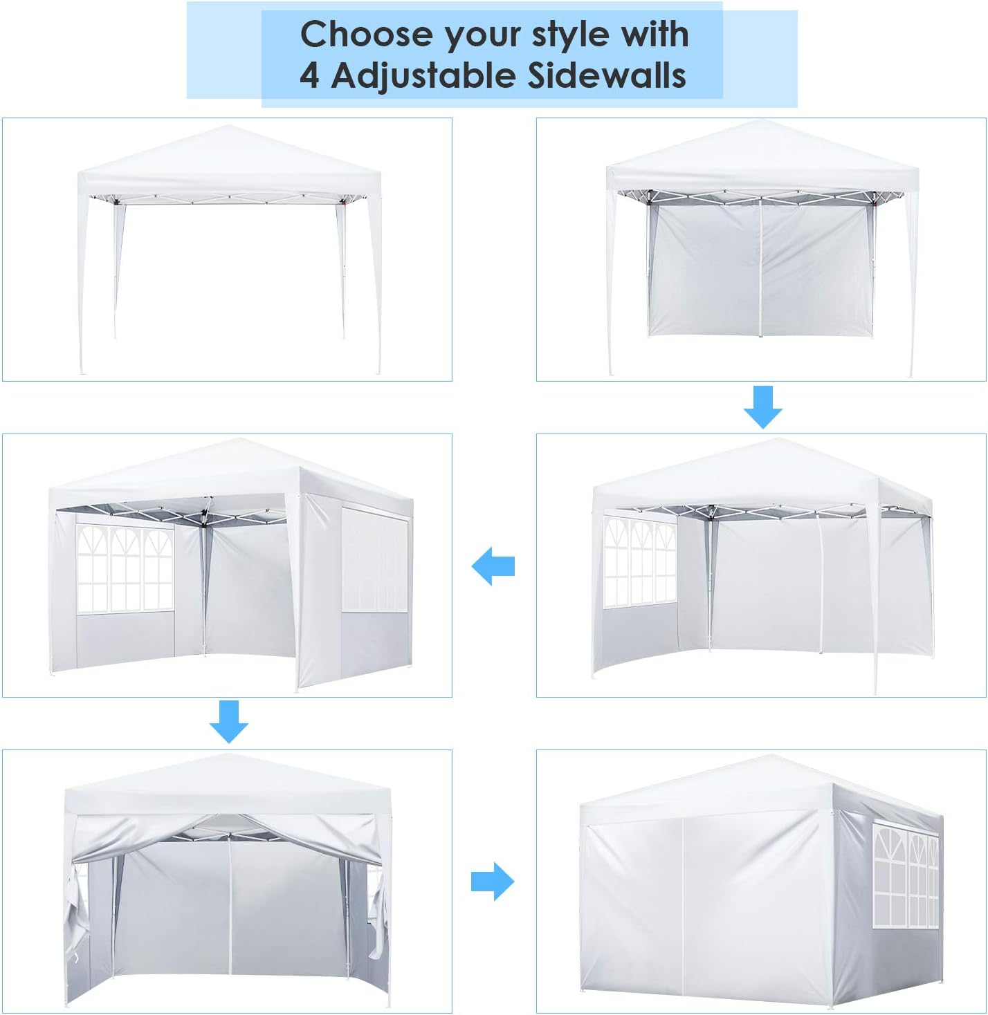 Tienda de campaña desplegable de 10 x 10 pies, refugio instantáneo comercial portátil, altura ajustable, para eventos al aire libre, con 4 paredes