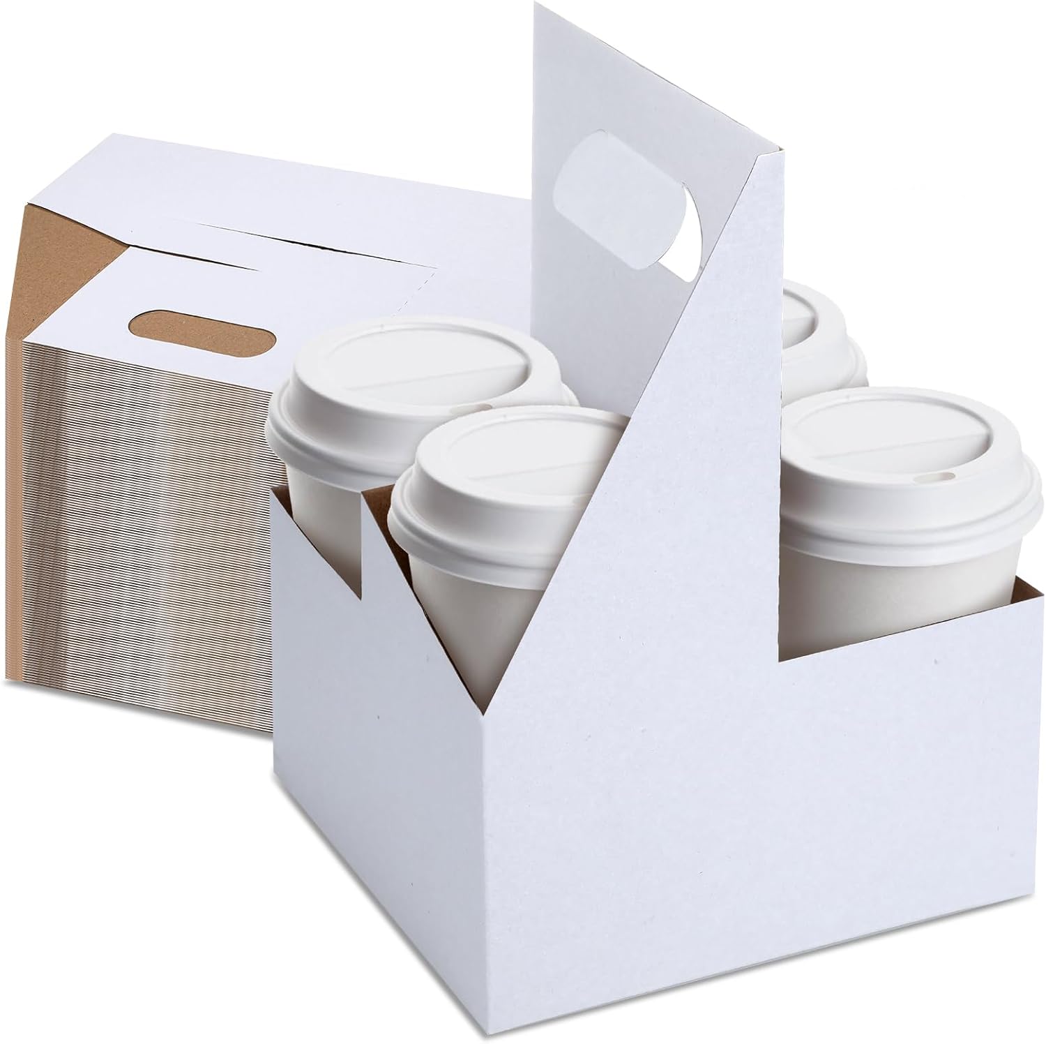Kisston Paquete de 150 portadores de bebidas con asa, 4 tazas de cartón de estraza para tazas, portavasos, desechable, para bebidas calientes o