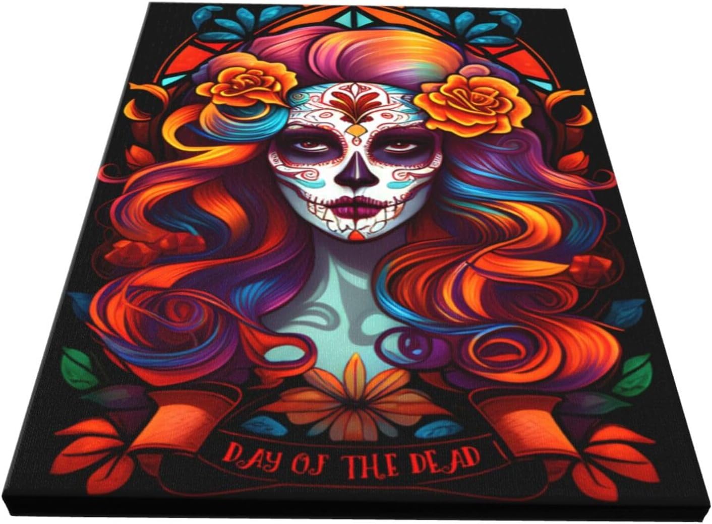 WEASYYDS Lienzo decorativo para pared, diseño de calavera de azúcar con vitrales naranjas, decoraciones espeluznantes de Halloween, regalo de obras