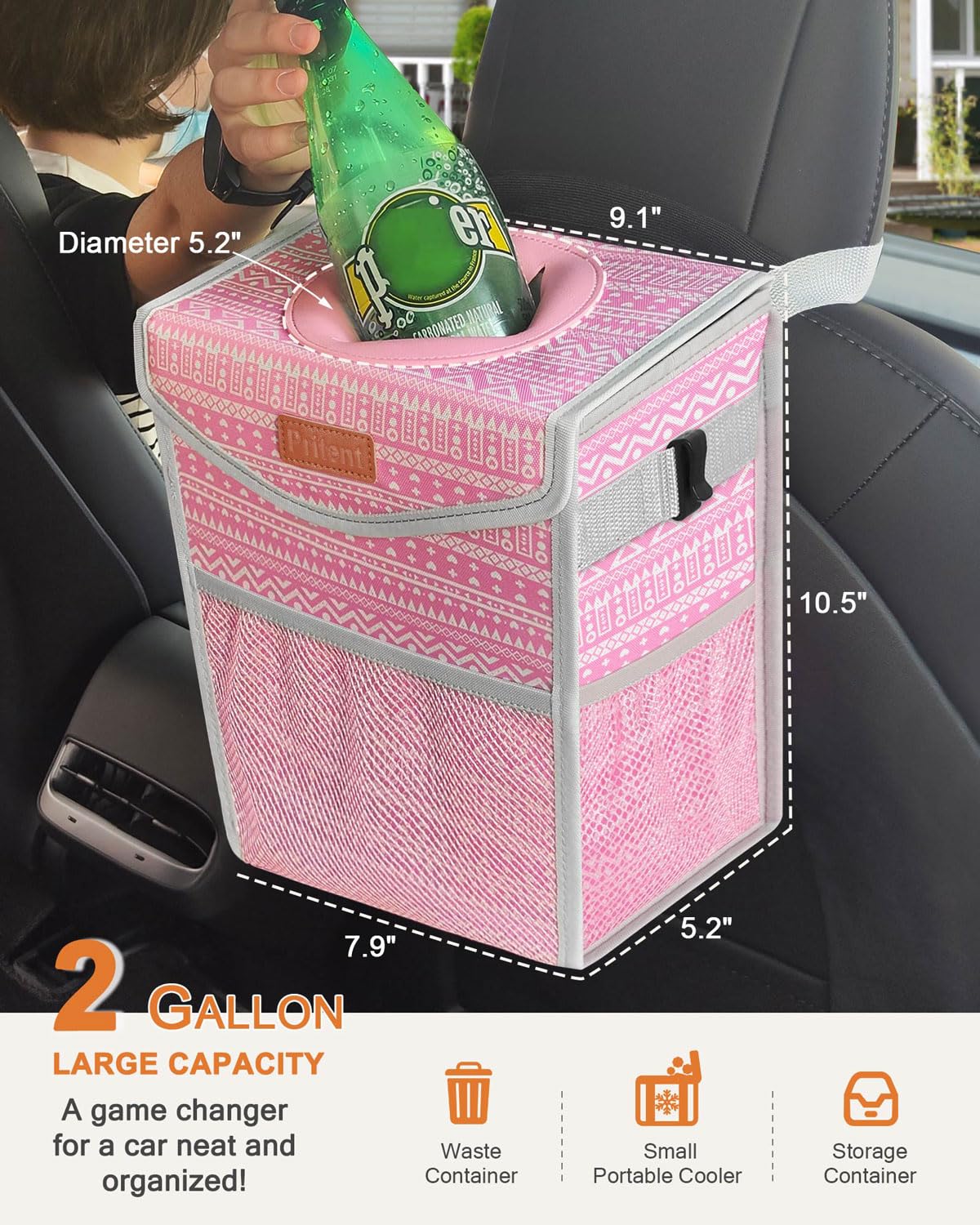 Bote de basura para automóvil con tapa, bonito cubo de basura a prueba de fugas para colgar del vehículo, pequeño organizador portátil para asientos