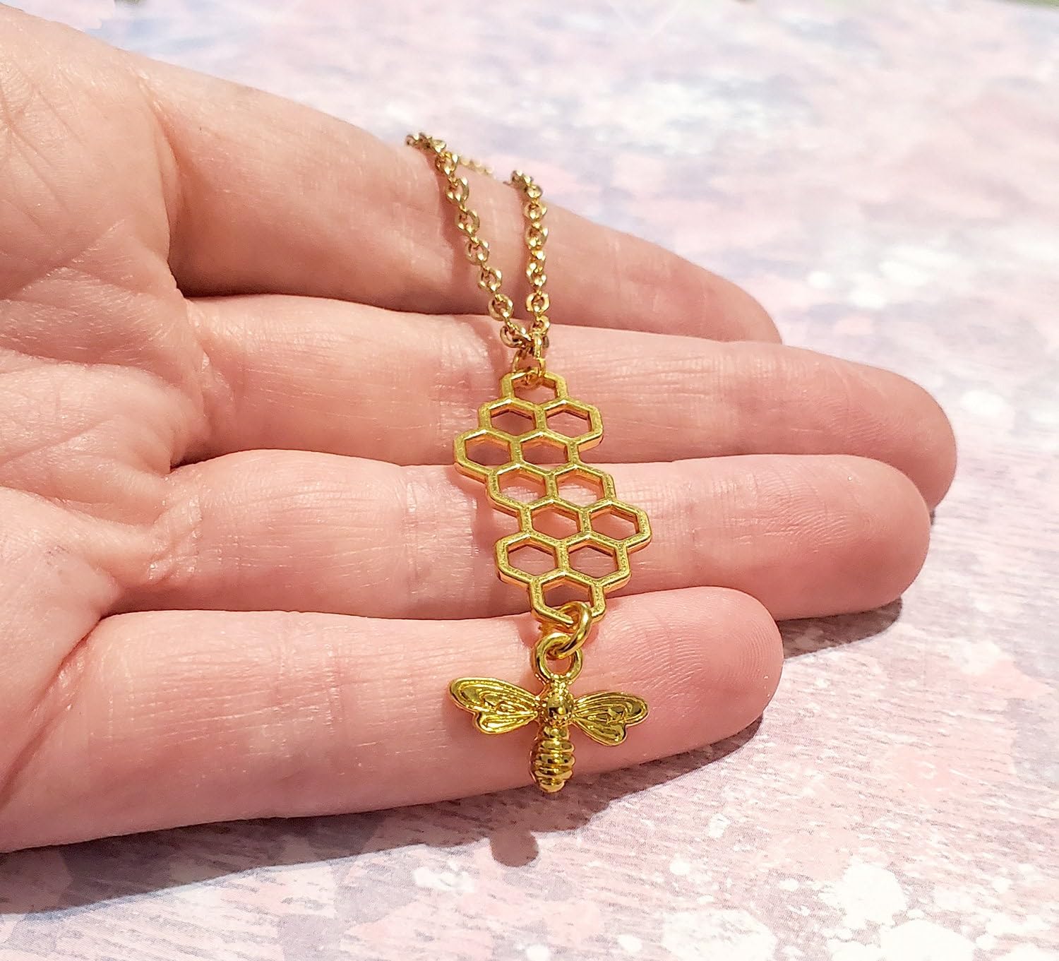 Bee and Honeycomb Necklace in Gold
