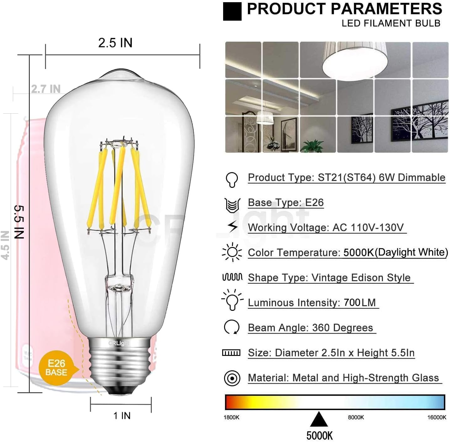CRLight Bombilla LED Edison regulable de 5000 K, 6 W, luz diurna, brillo blanco, equivalente a 700 W, 700 LM, E26, estilo vintage, ST64, bombillas