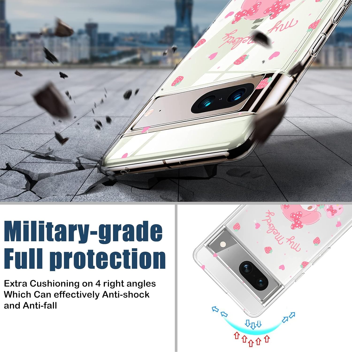 Bonita funda compatible con Google Pixel 7 de silicona transparente Pixel 7 con diseño de conejo de fresa, patrón kawaii delgado y suave TPU