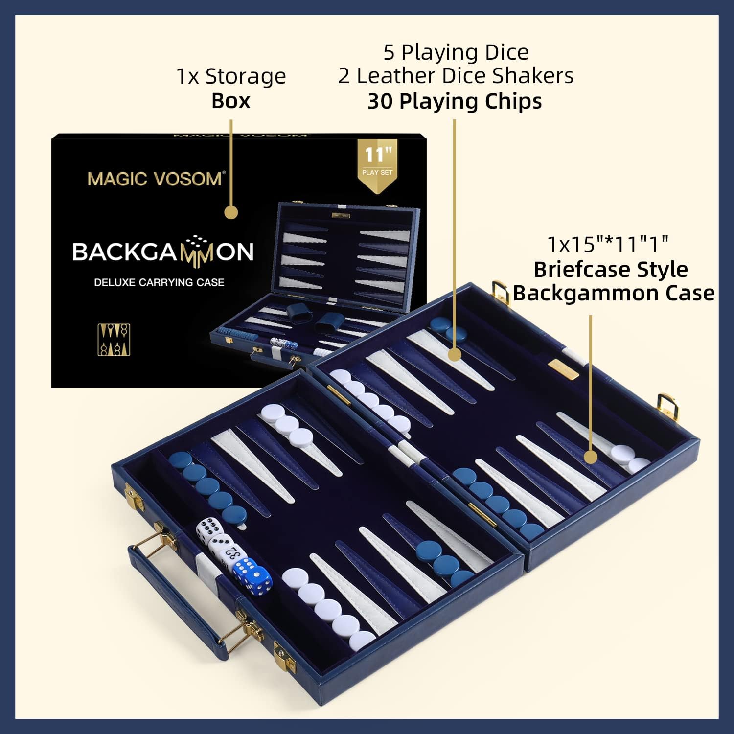 Juego de mesa clásico de Backgammon azul de viaje pequeño de 11 pulgadas con funda de cuero de primera calidad, juego de backgammon de estrategia de