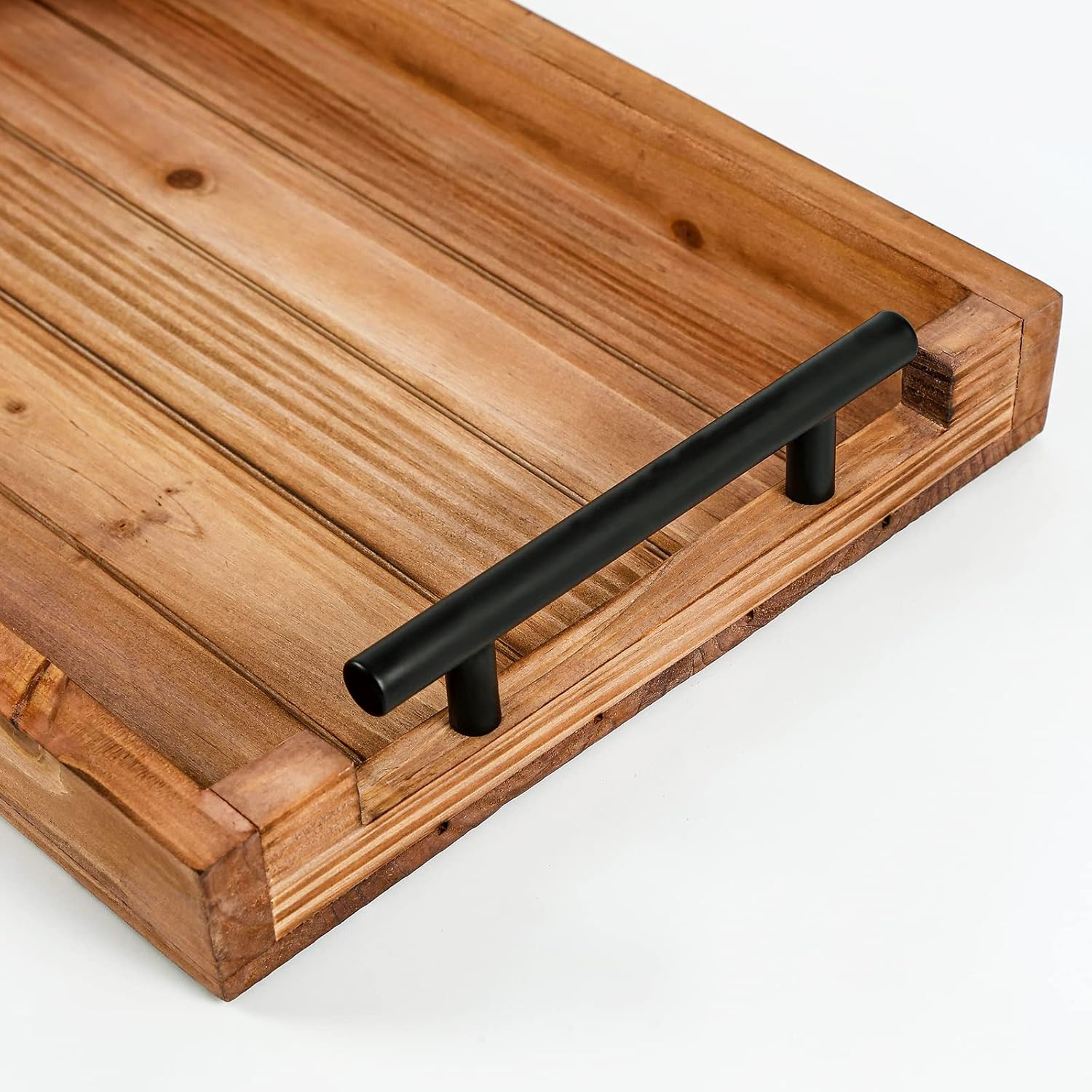 Juego de 2 bandejas decorativas de madera vintage anidadas con mango de metal para comer, desayuno, cocina, bandejas otomanas, mesa de centro y