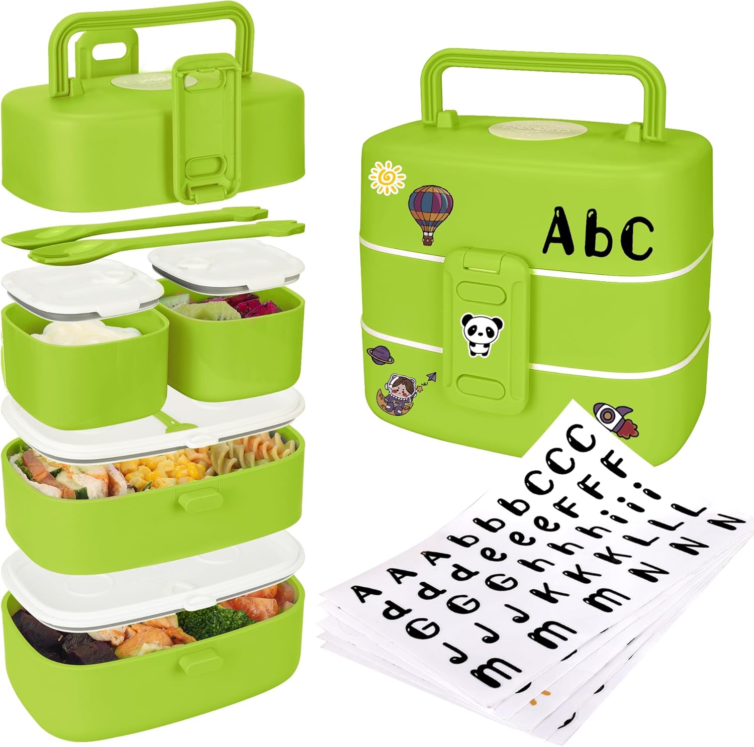 DOIOED Lonchera Bento para niños y niños pequeños, incluye calcomanía con nombre, caja Bento apilable a prueba de fugas con 4 compartimentos,