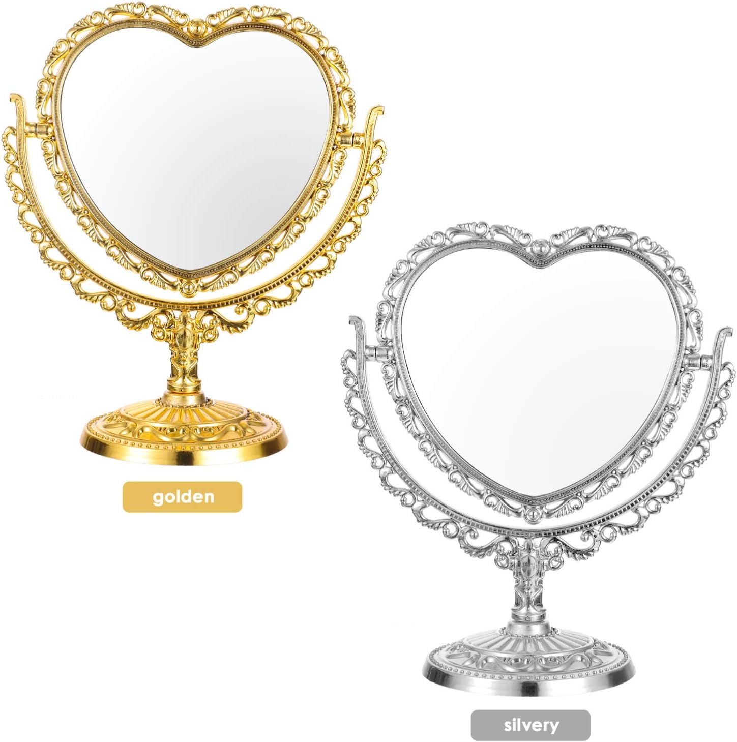 Uonlytech Espejo de belleza en forma de corazón, espejo de corazón plateado, espejo de corazón de doble cara para baño, dormitorio, espejo de regalo