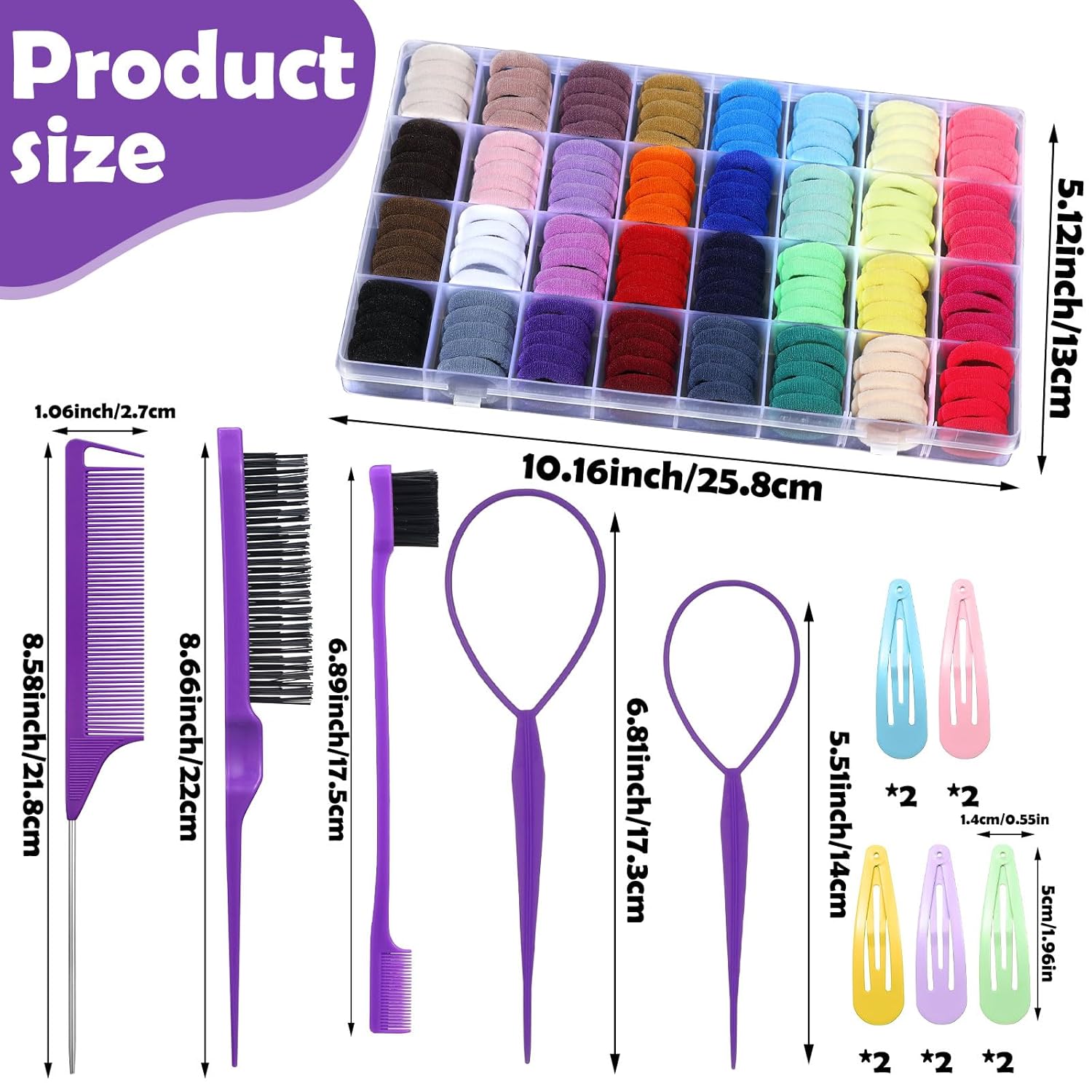 Lazos de algodón para el pelo de 32 colores, 320 piezas de lazos para el pelo de bebé con 15 herramientas de peinado de cabello, caja organizadora