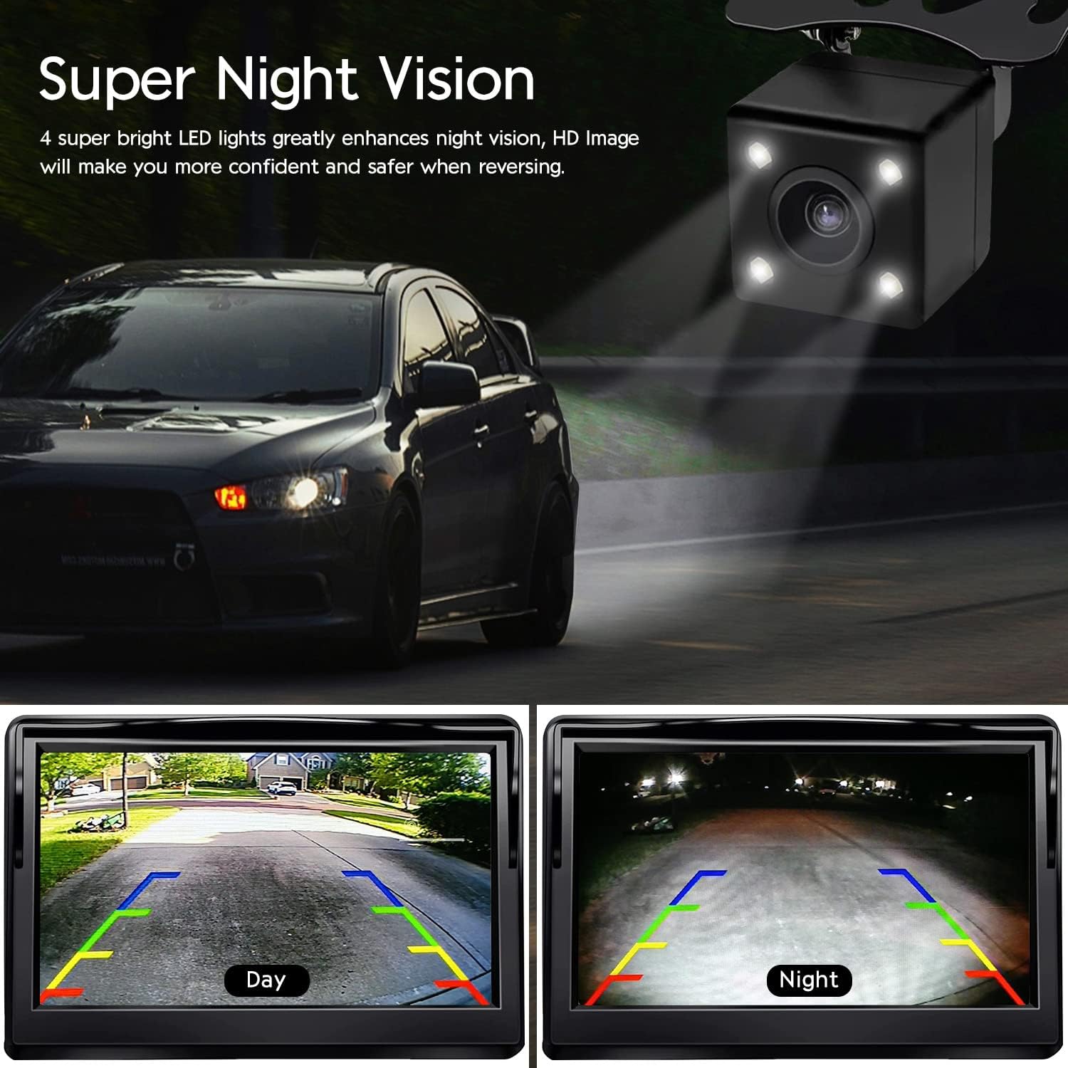 Kairiyard Cámara de respaldo, cámara de visión trasera inversa para automóvil con monitor de 5 pulgadas, HD de 170 , visión nocturna gran angular,