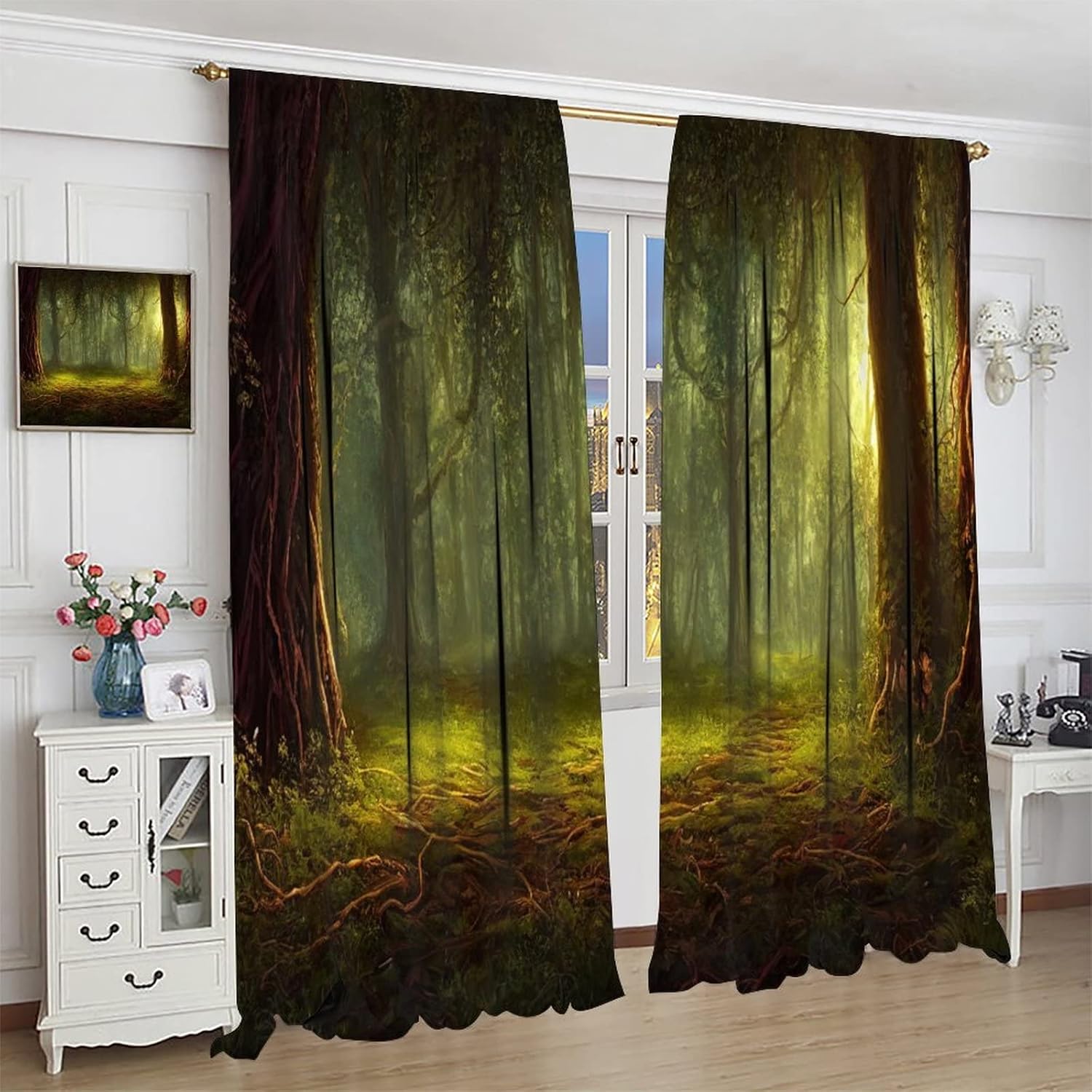 Cortinas de bosque misterioso, luz del sol también bosque tropical, pintura al óleo, estilo dormitorio, sala de estar, decoración impresa, 2