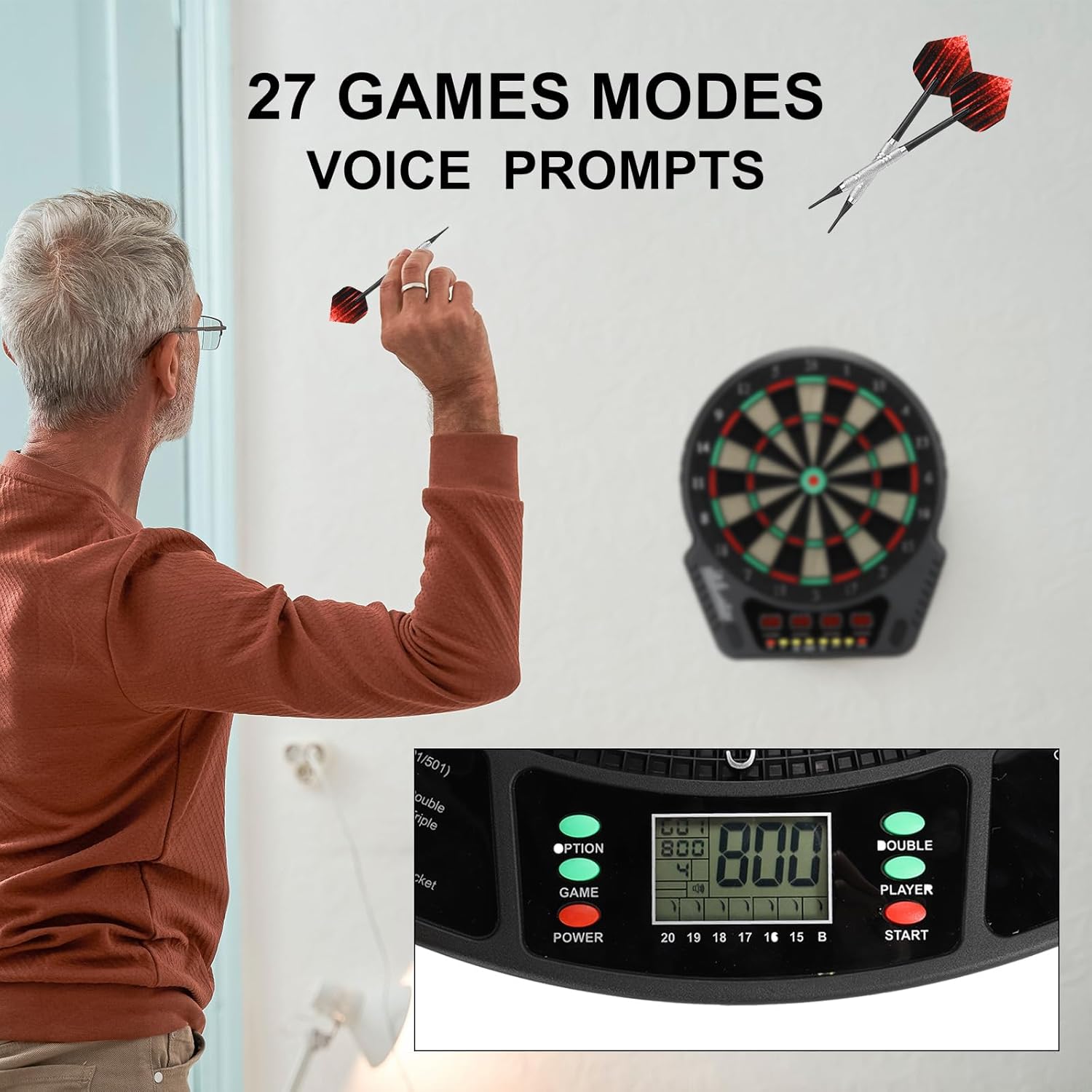 PATIKIL Tablero de dardos electrónico, juego de diana digital de punta suave con pantallas LCD, 27 juegos y 243 variantes con 6 dardos, 24 puntas,