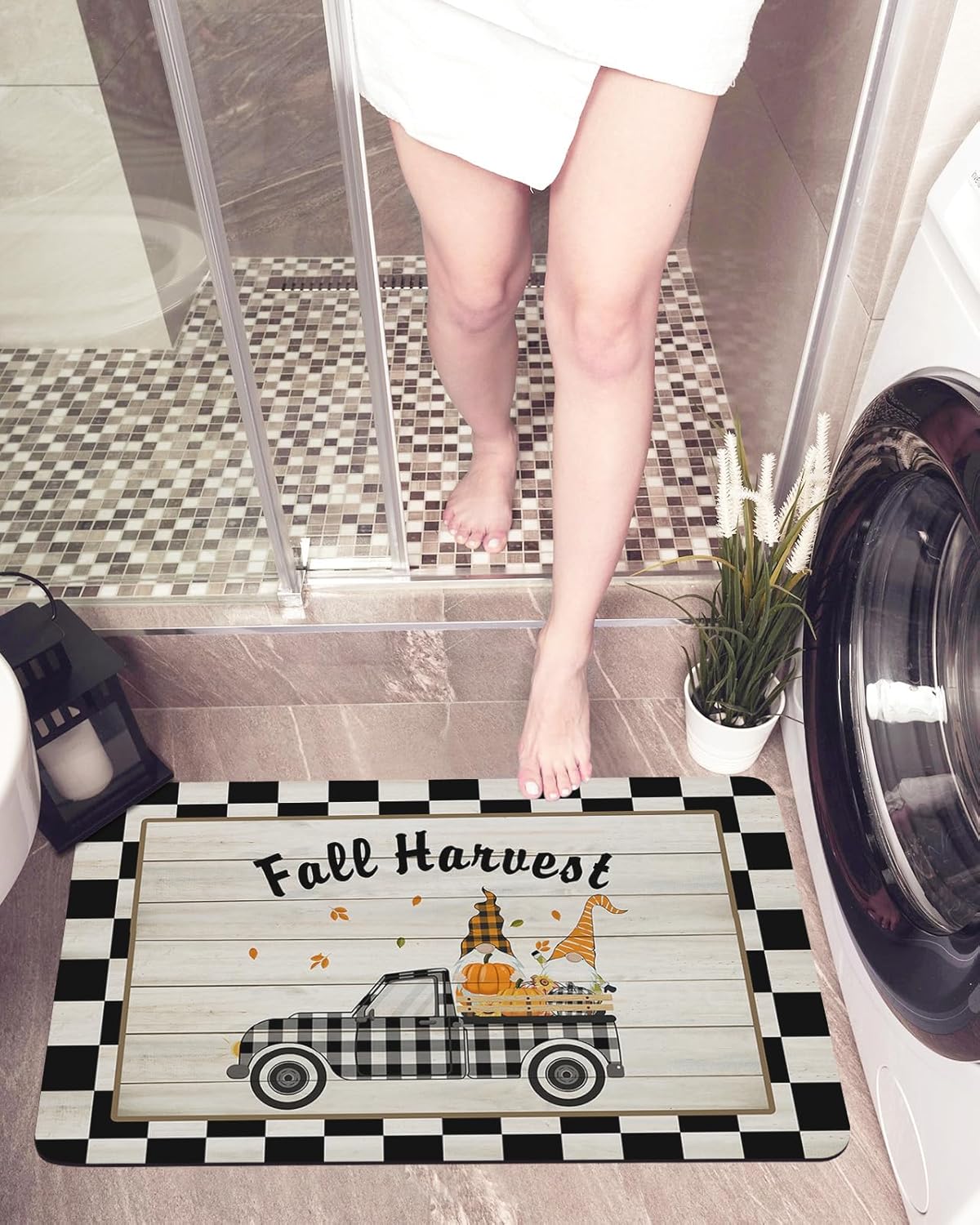 Bath Mat,Thanksgiving Fall Harvest Gnome Pumpkin Truck Maple Leaves Plaid Indoor Door Thin Mat Absorbent Bathroom Quick Dry Rug Entrance Non Slip
