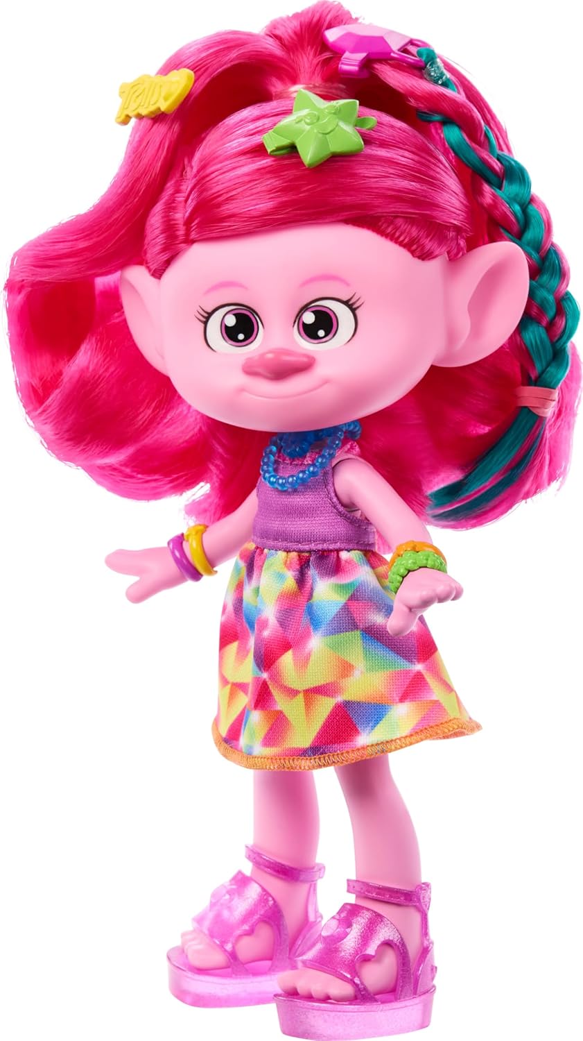 Mattel Muñeca DreamWorks Trolls Band Together y más de 15 accesorios, muñeca de moda Queen Poppy con peine de purpurina