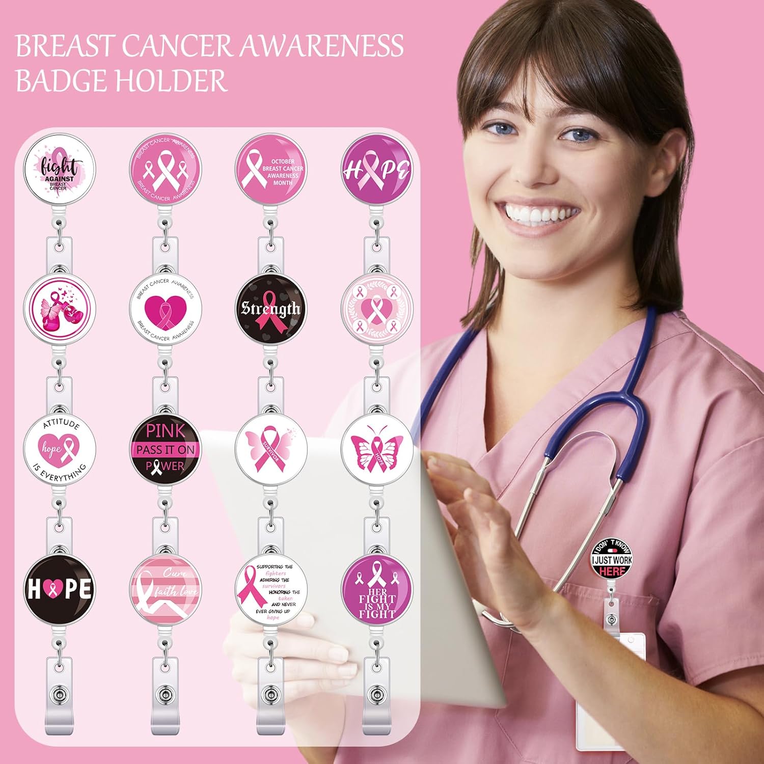 18 piezas de cinta rosa retráctil con clip para concientización sobre el cáncer de mama, soporte para tarjetas de identificación de enfermera, lindo