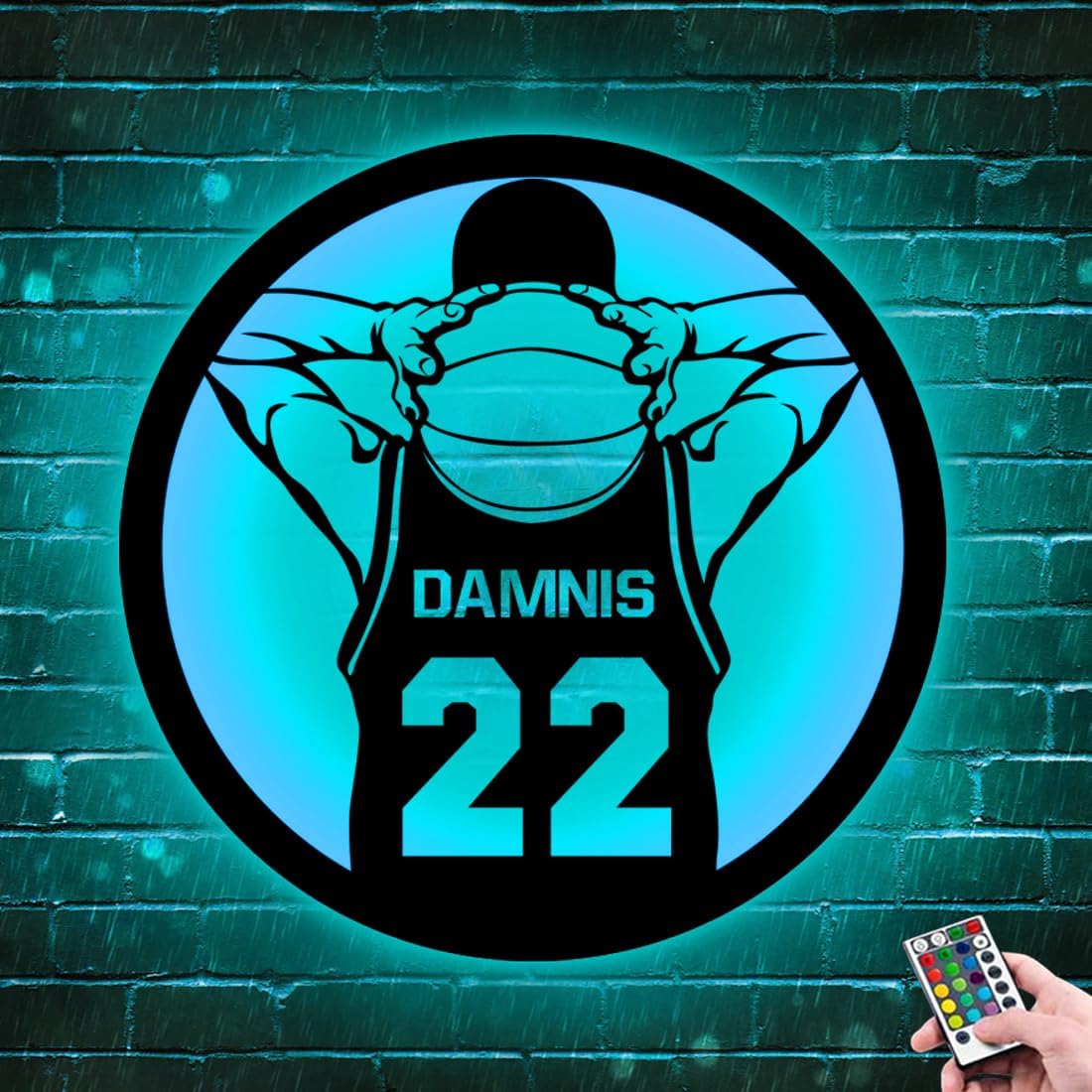 Letrero de metal personalizado para jugador de baloncesto con luz LED, nombre y número personalizados, arte de pared de baloncesto, decoración del
