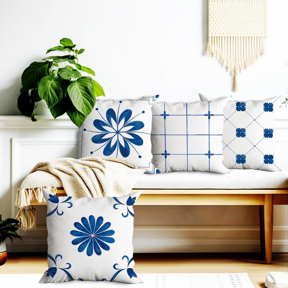 Juego de 4 fundas de almohada de arte mediterráneo, decoración de fundas de almohada de azulejos azules de 18 x 18 pulgadas, funda de almohada con