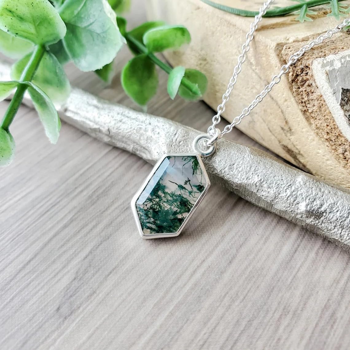 AAA Natural Moss Agate Pendant Necklace, Long Hexagon Moss Agate Pendant, Unique Gemstone Jewelry, Nature Inspired, Green Agate Necklace, Christmas