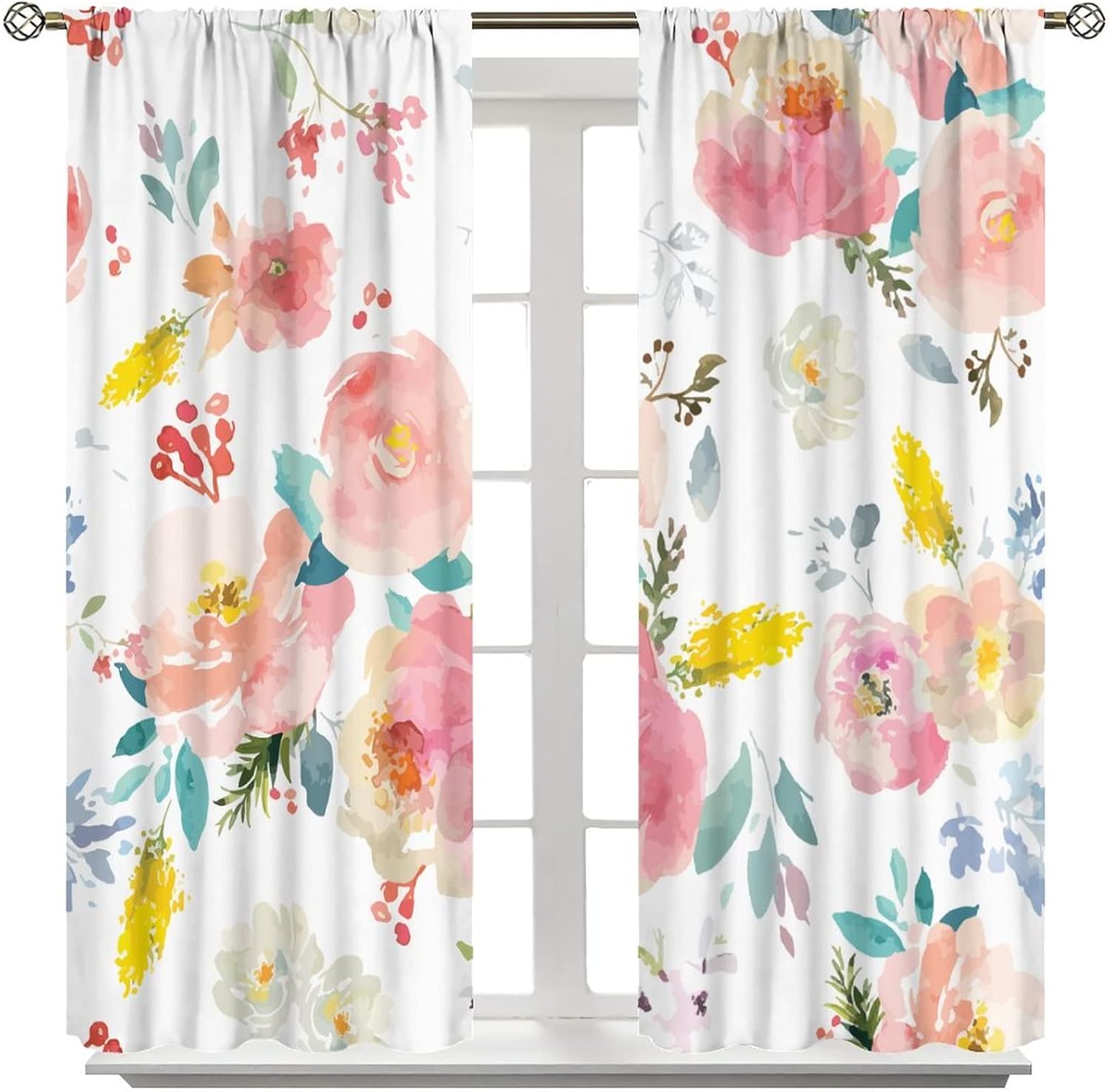 Cortinas de acuarela románticas con estampado floral rosa, bolsillo para barra, cortinas de ventana para dormitorio, sala de estar, 42 x 54 pulgadas