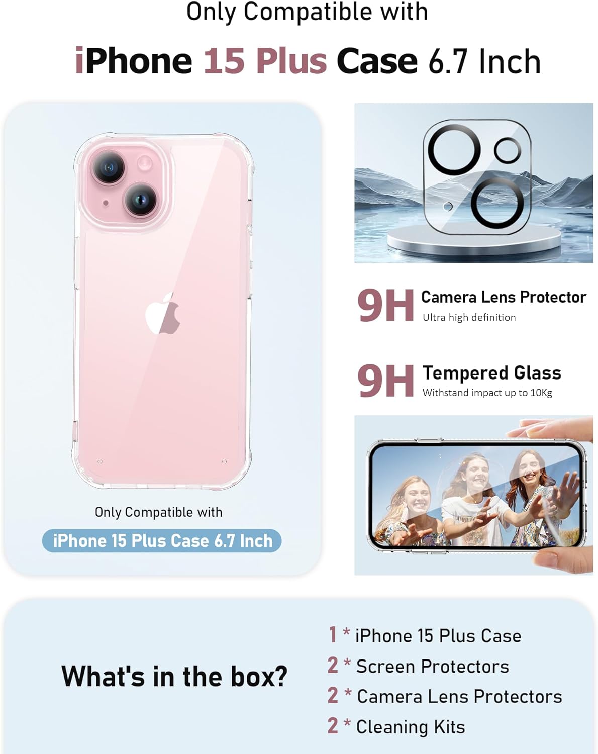 MIODIK Funda compatible con iPhone 15 Plus con 2 protectores de pantalla + 2 protectores de lente de cámara, no amarillenta funda transparente con