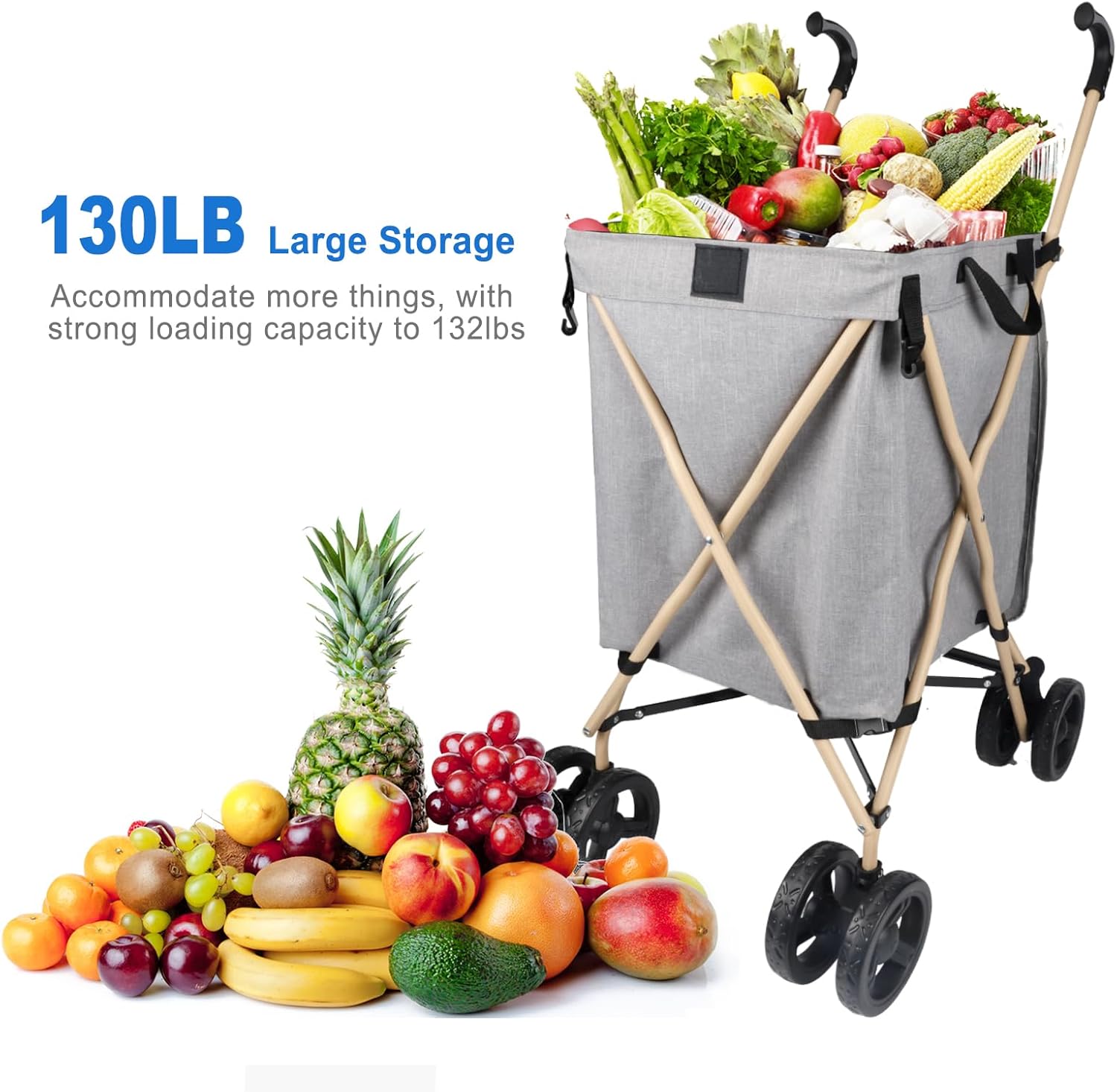 Carrito de compras con ruedas, carrito de compras portátil para comestibles, carrito plegable resistente de almacenamiento con ruedas de hasta 130