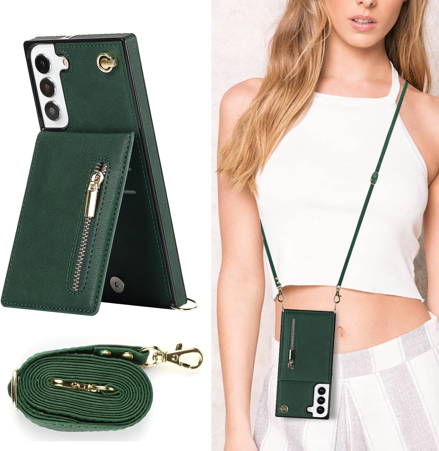 Funda compatible con Samsung Galaxy S22 de 6.1 pulgadas, bolso de bolsillo, correa de hombro, elegante funda protectora para Galaxy S22 (verde
