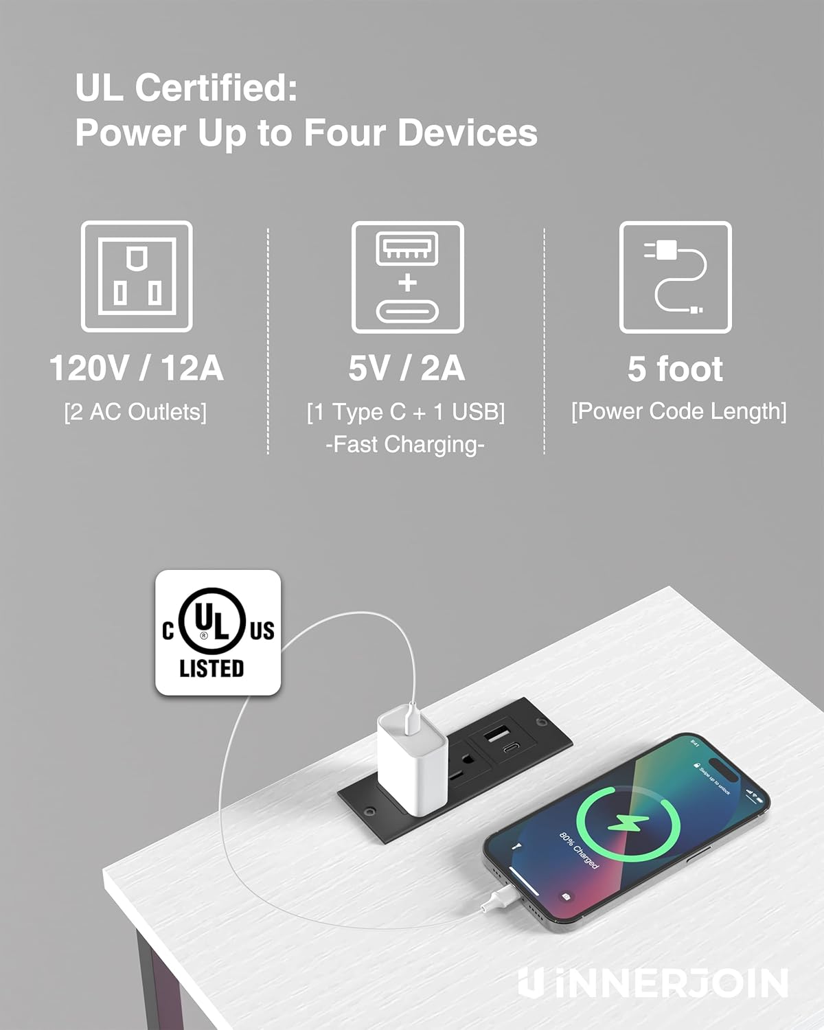 Innerjoin Mesita de noche con estación de carga puertos USB A y C, mesita de noche LED con 2 cajones y estante de almacenamiento, soporte de cama