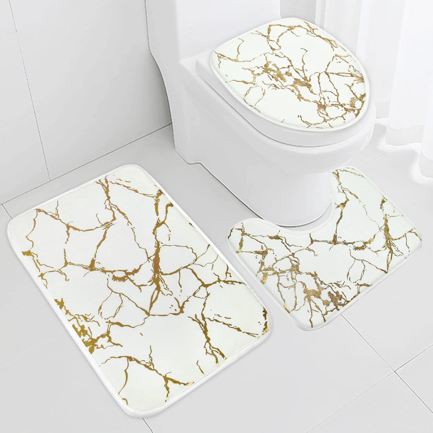Alishomtll Juego de alfombras de baño de mármol de 3 piezas con alfombra antideslizante, cubierta para tapa de inodoro y tapete de baño, juego de