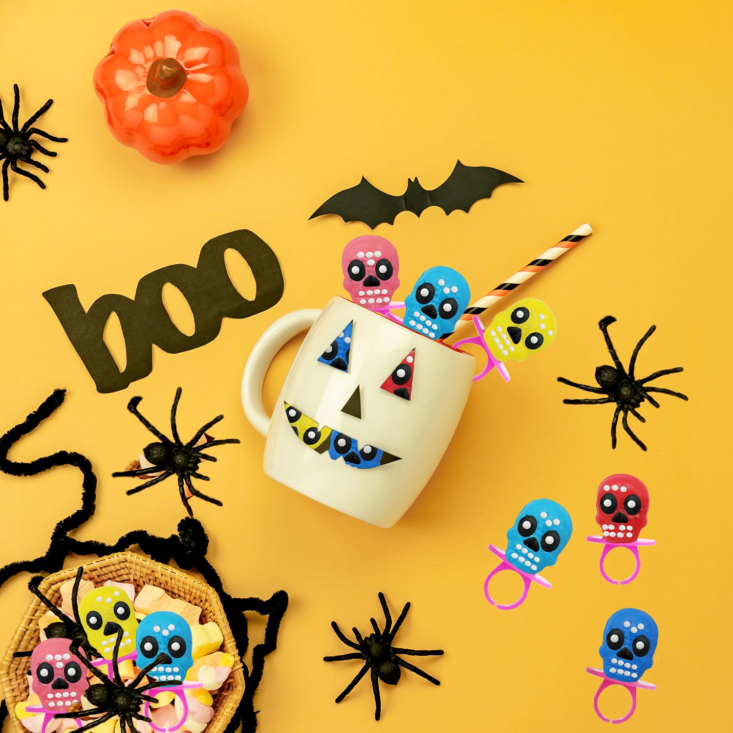Anillos de caramelo de calavera de Halloween, Día de los Muertos, caramelo duro, envueltos individualmente (paquete de 12)