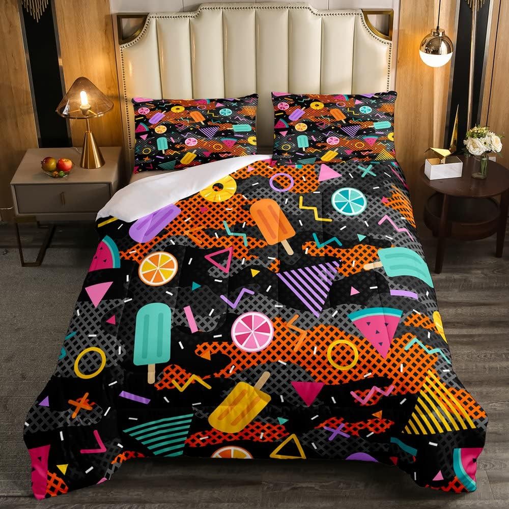 Erosebridal Juego de edredón de camuflaje, tamaño Queen, abstracto, negro, naranja, camuflaje, vintage, 80, 90, Memphis, edredón acolchado para