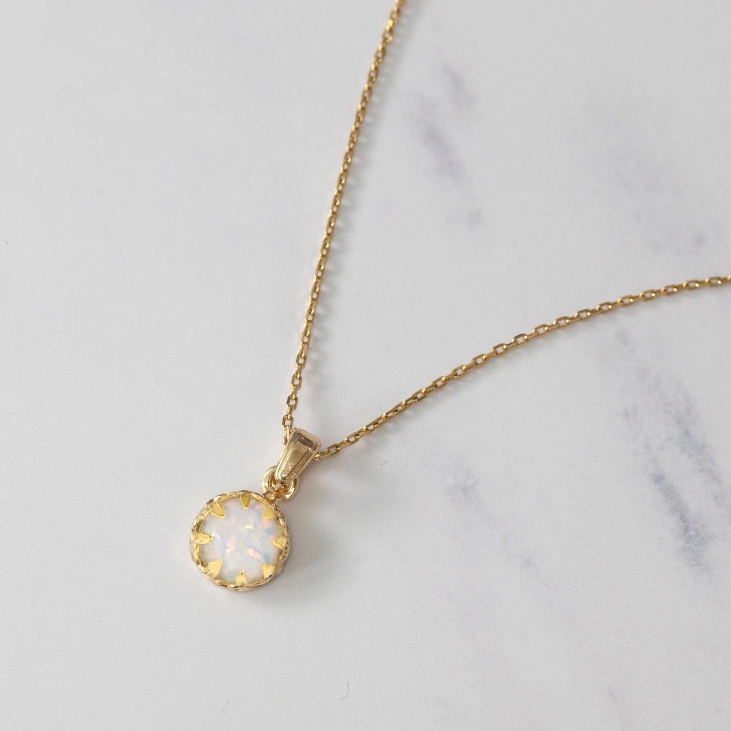 White Opal Pendant Necklace for Women in 14k Yellow Gold Plated on 925 Sterling Silver – October Birthstone 8mm Round Cut Gemstone – Vintage